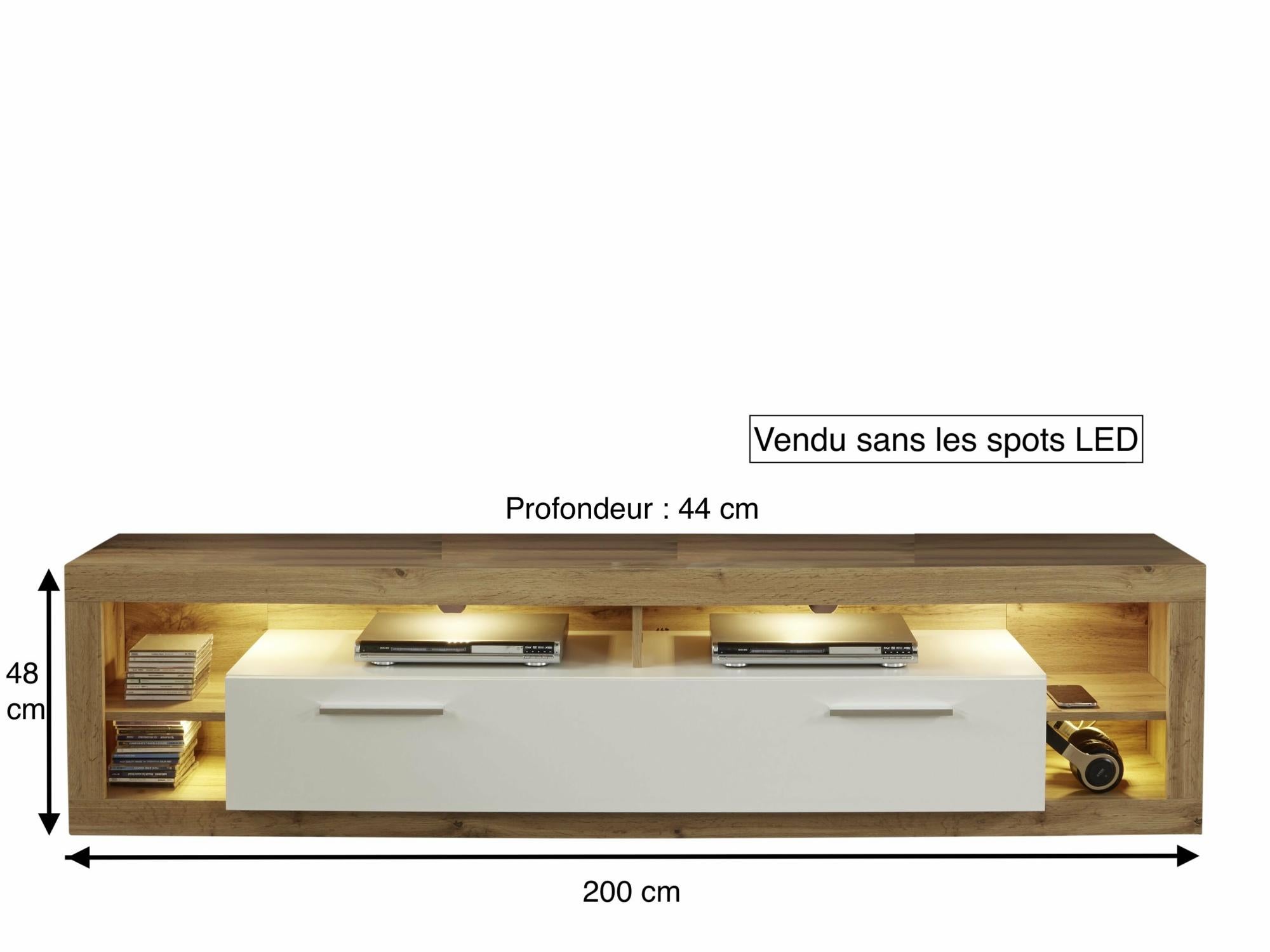 Meuble salon/séjour. Meuble TV XL en mélaminé blanc brillant et bois. L
