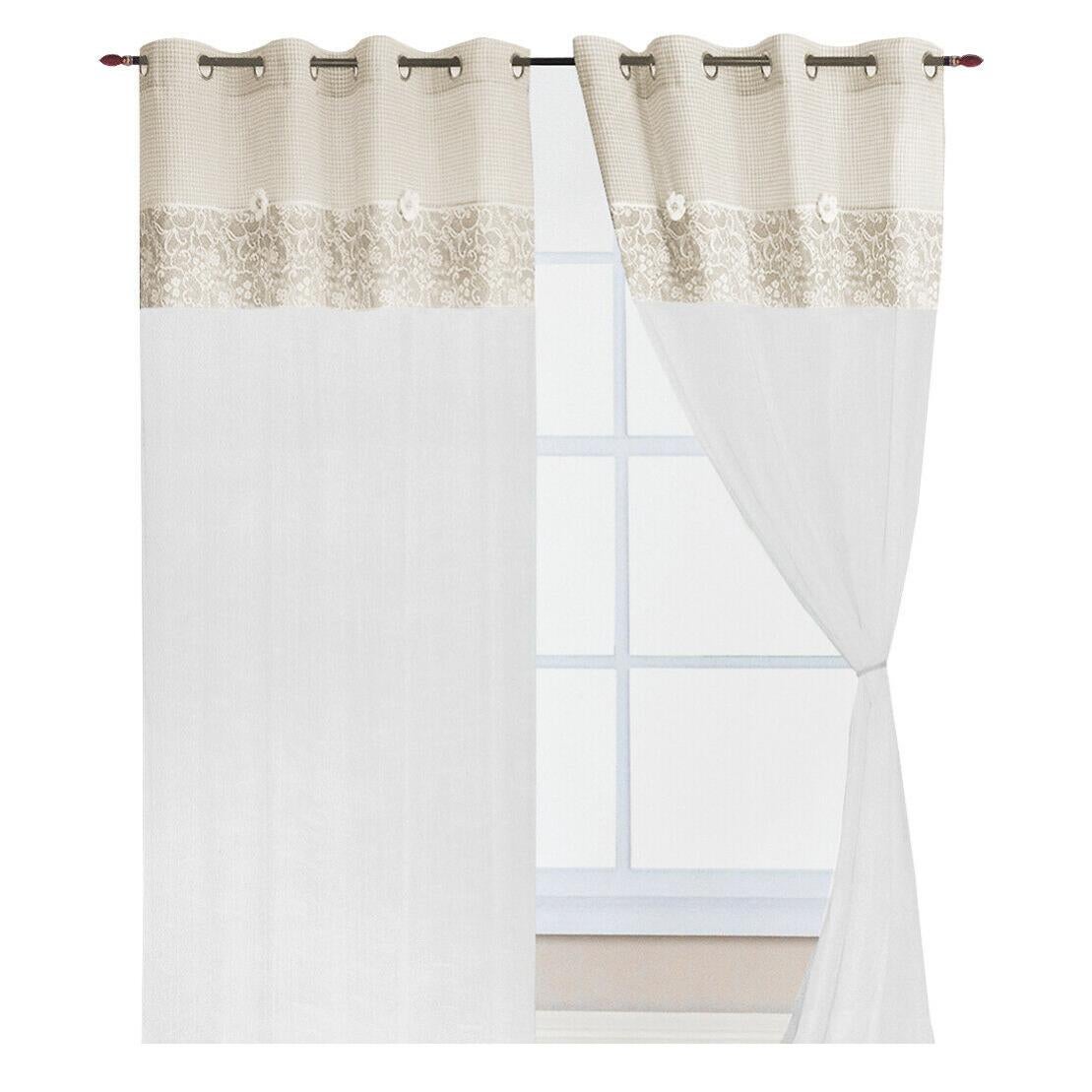 Tenda Shabby Chic Emmevi Per Porta O Finestra – Coppia Di Teli 60x150 Cm Con Cuori 3D, Tessuto Écru, Stile Romantico