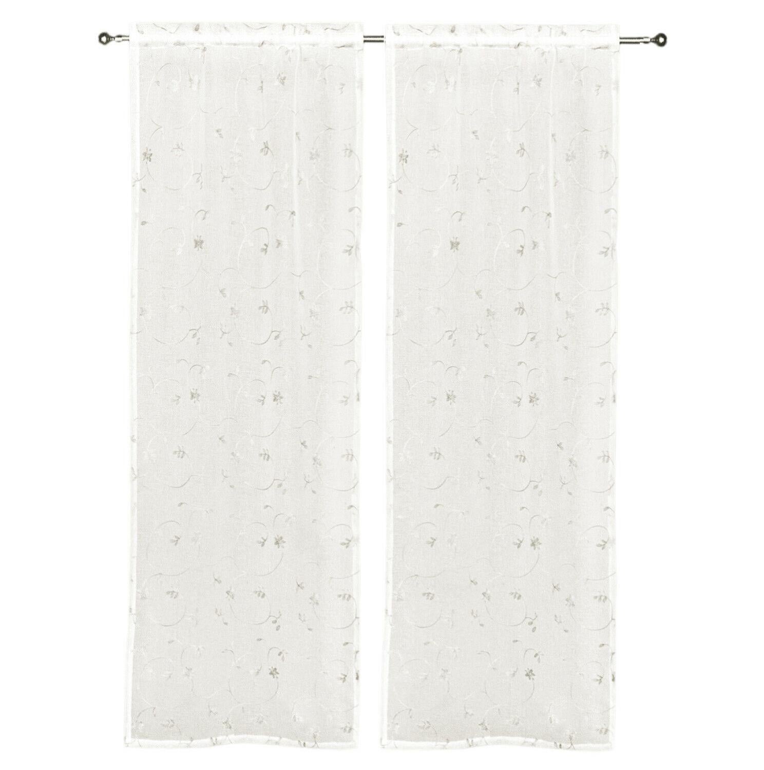 Tenda Coppia MILDRED FOGLIE Ricamata 100% Poliestere - Grigio Beige, 60x240 Cm Per Portafinestra