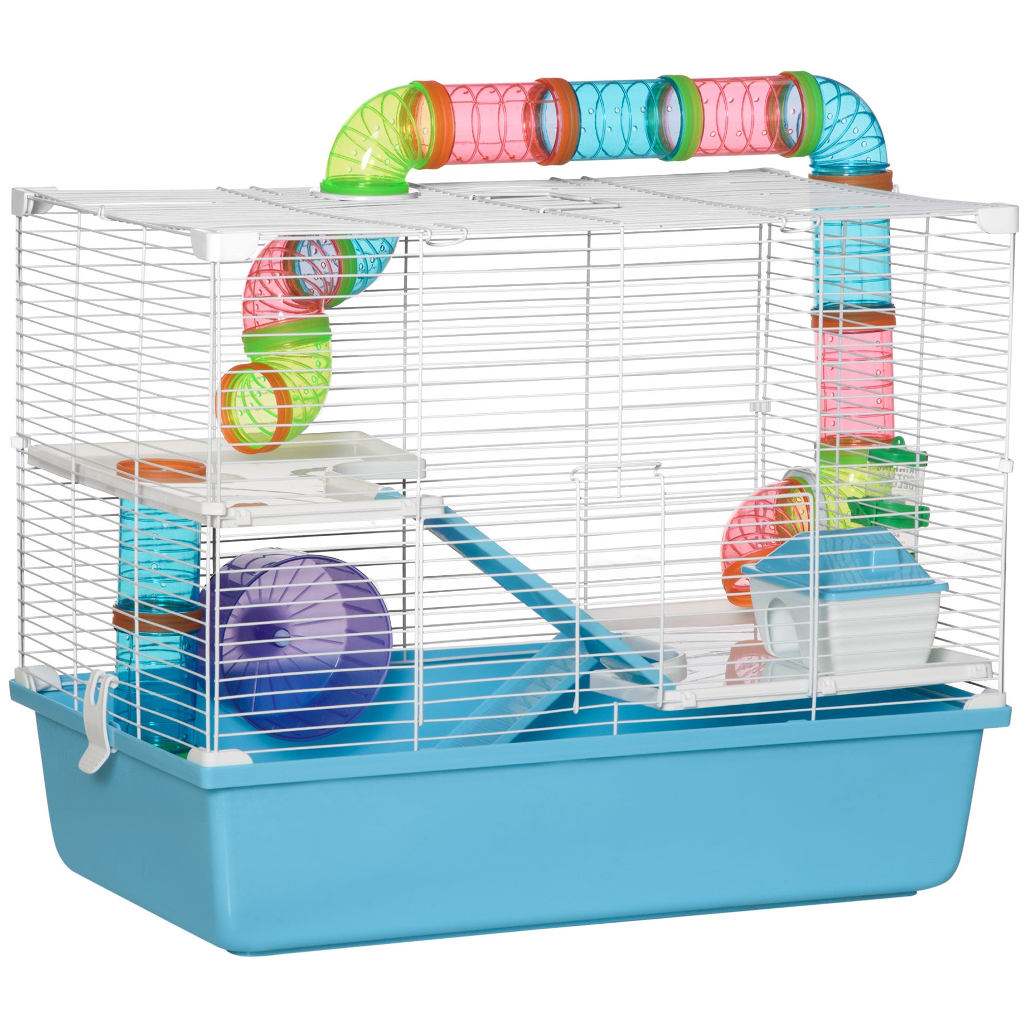 Cage à hamsters 3 niveaux - nombreux accessoires - métal PP bleu blanc