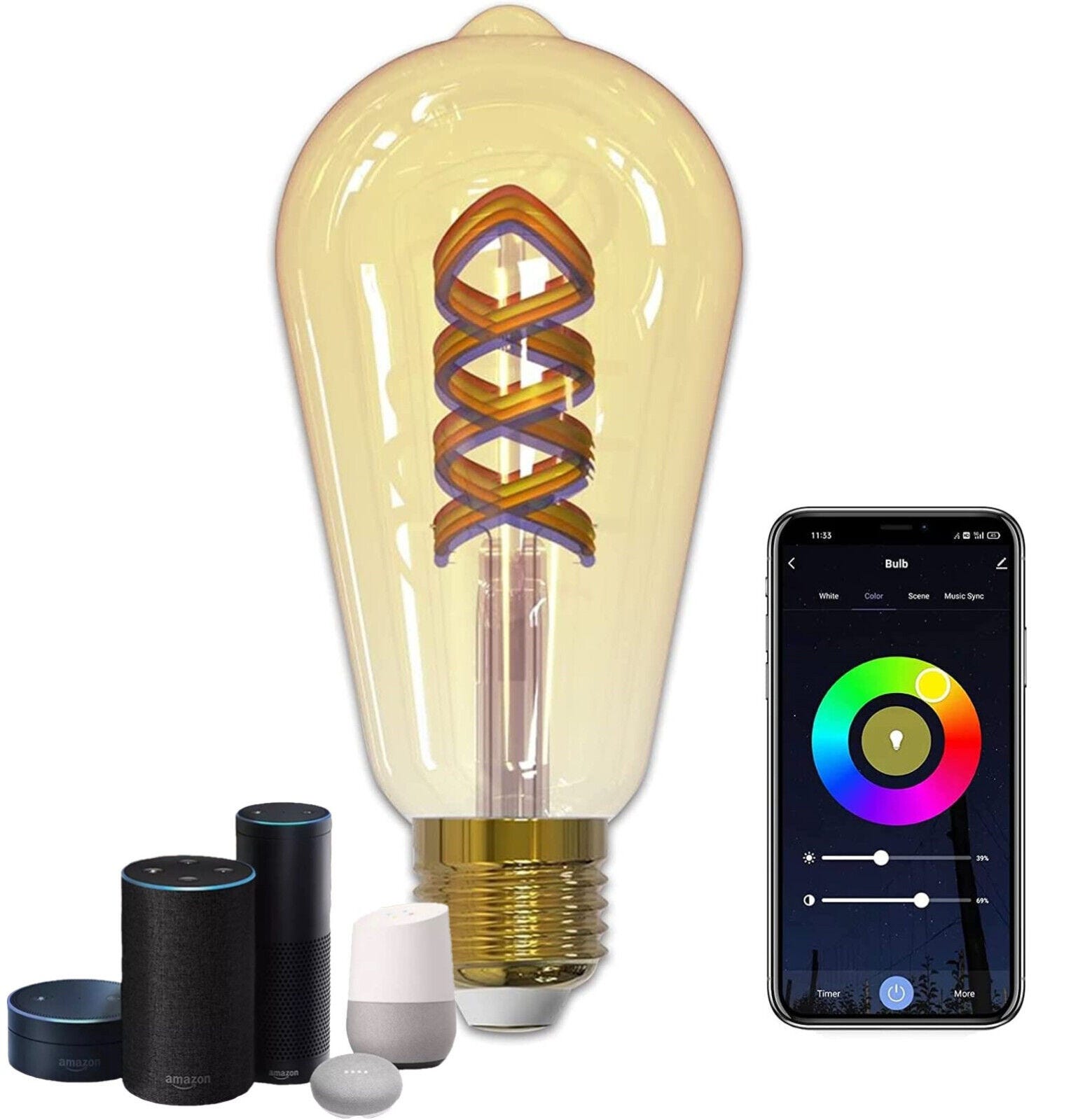 Lampadina lampada luce led rgb wifi smart e27 app google e alexa vintage  st64
