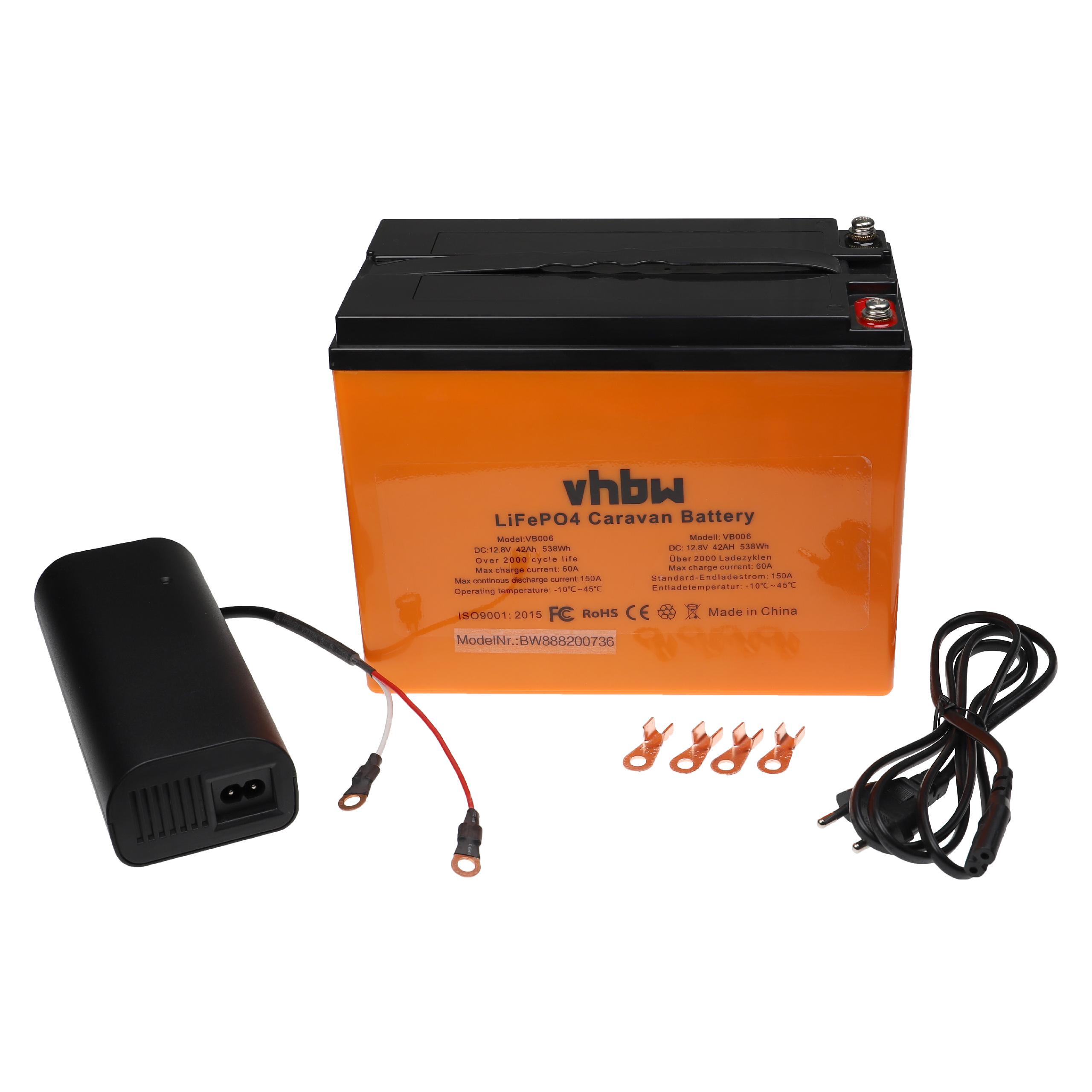 Vhbw batteria per auto per camper, barca, campeggio (42Ah, 12,8V, LiFePO4)  + caricabatterie