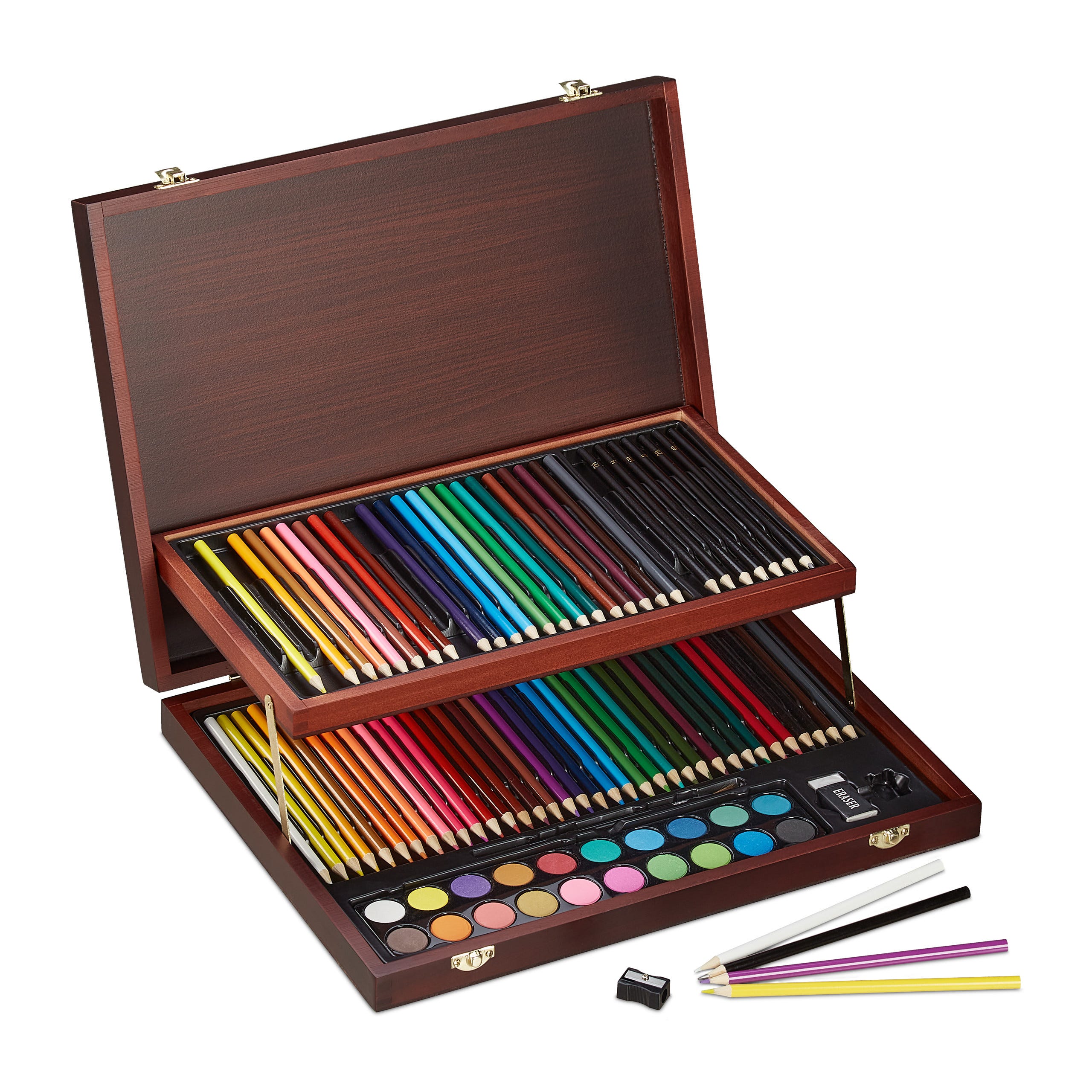 Relaxdays Mallette de coloriage Coffret pour peinture,73 pces dessin;  crayons de couleurs, noir, eau et huile, bordeaux