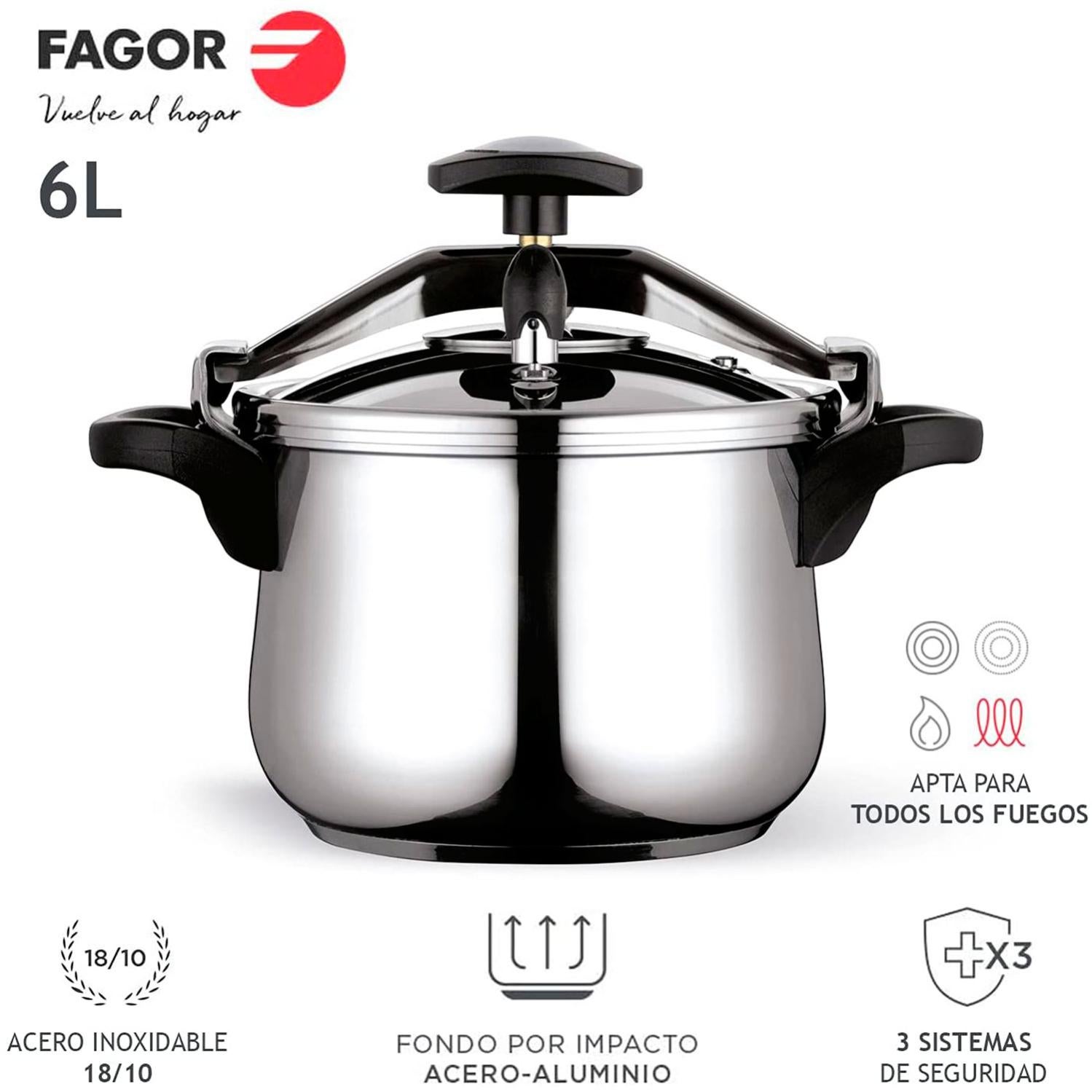 Presión 6 Litros, Inducción, Express, Acero Inox. 18/10 Todas Cocinas, Fondo Termodifusor, FAGOR, Plata, , Clásica Bombe 6 Leroy Merlin