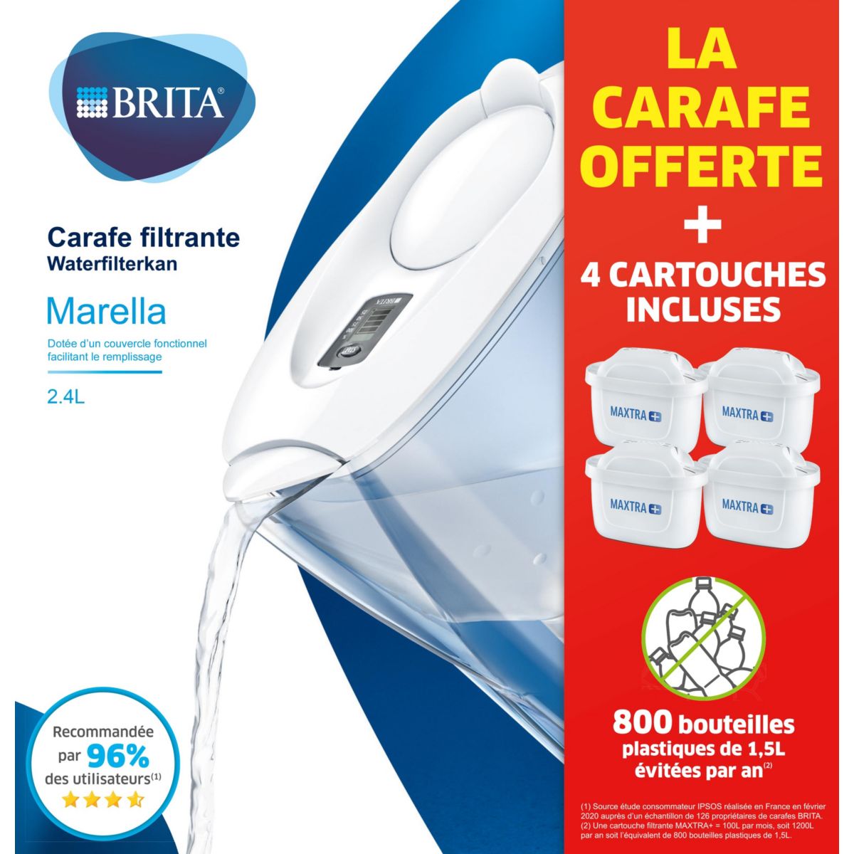 Carafe d'eau filtrante Brita Marella blanche + 1 cartouche