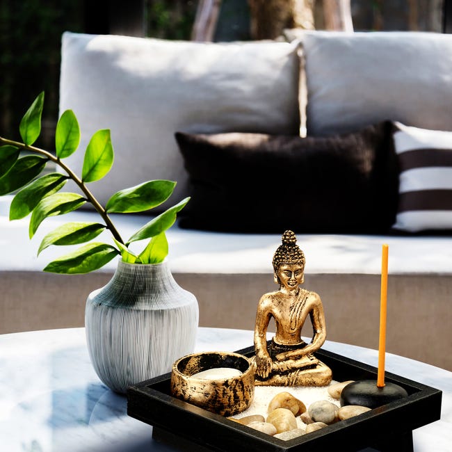 Relaxdays Jardin zen, avec Bouddha, pierres, sable, tiges d'encens &  porte-bougie, relaxation, Déco Feng shui, noir