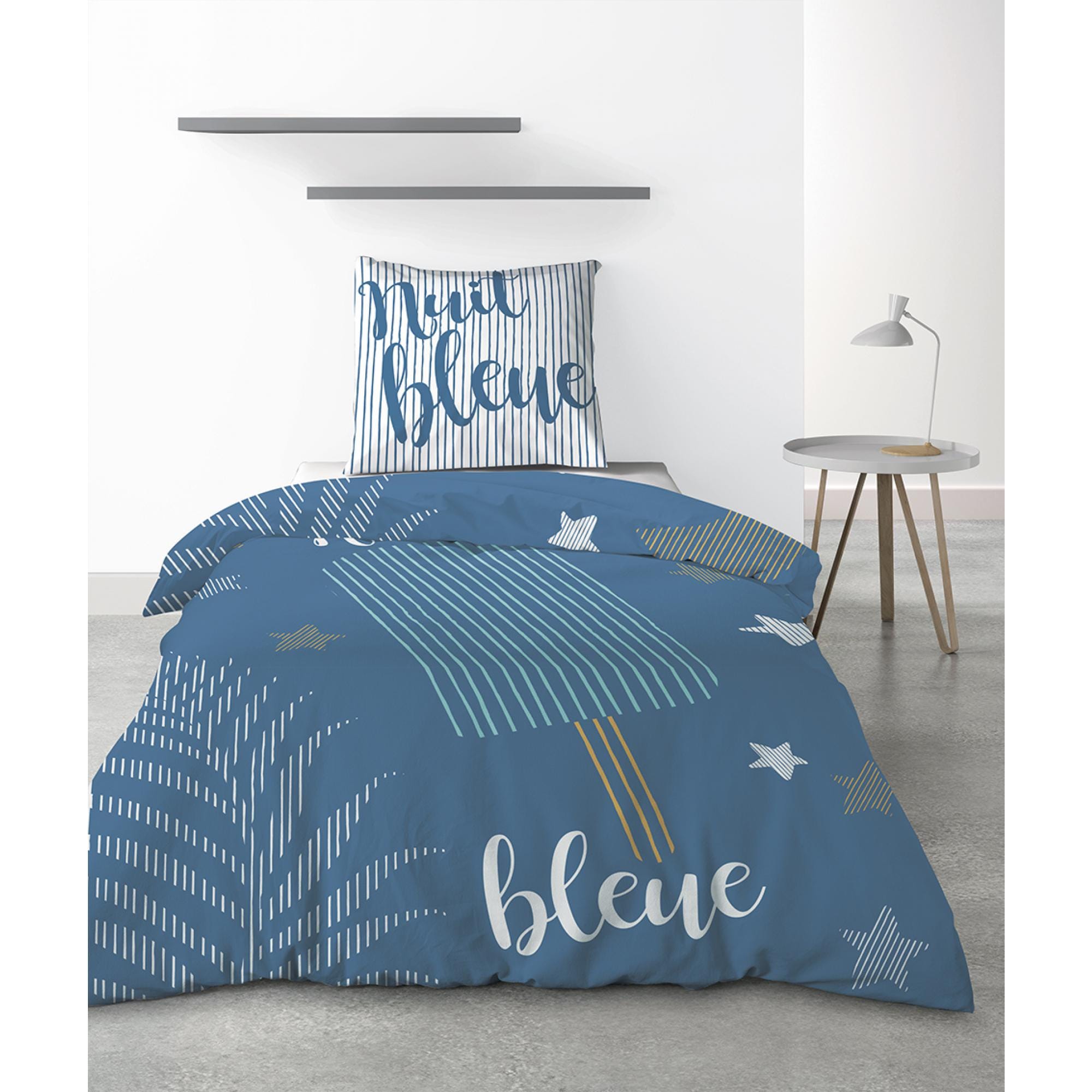 Parure de lit 1 personne Nuit bleue avec housse de couette et taie  d'oreiller imprimé 140 x 200 cm Les Ateliers du Linge