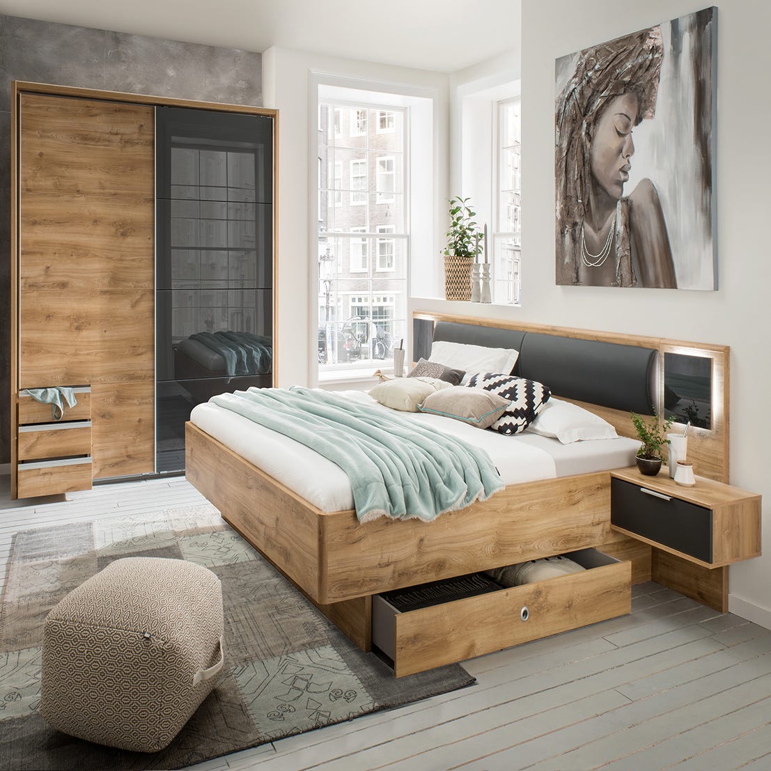 Chambre à coucher complète adulte (lit 180x200 cm King Size + 2 chevets + 2  tiroirs + armoire) coloris imitation chêne poutre/graphite