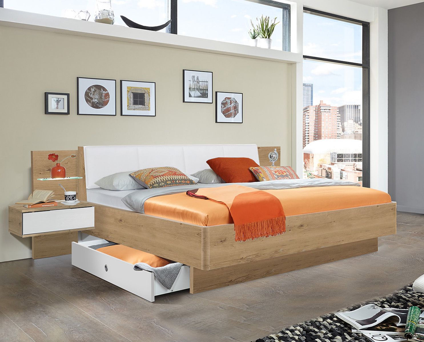 Lit futon 2 chevets en panneaux de particules imitation ch ne