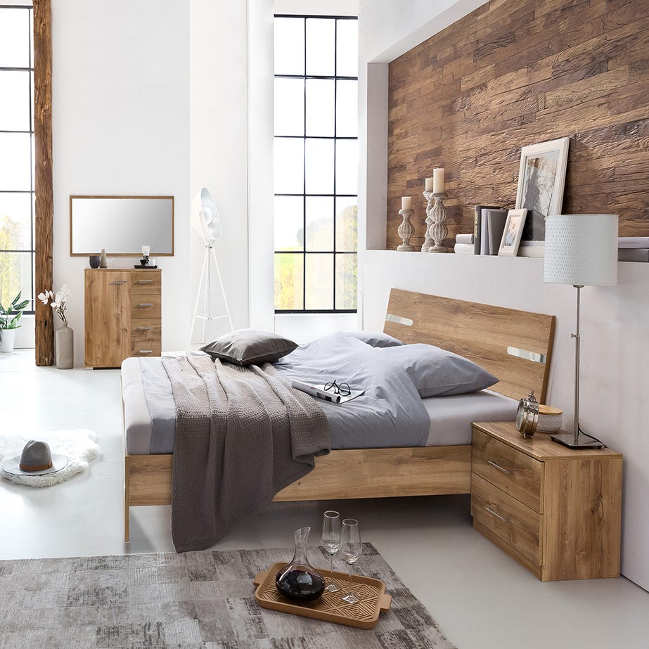 Chambre à coucher complète adulte (lit 160x200 cm + 2 chevets + armoire)  coloris chêne foncé