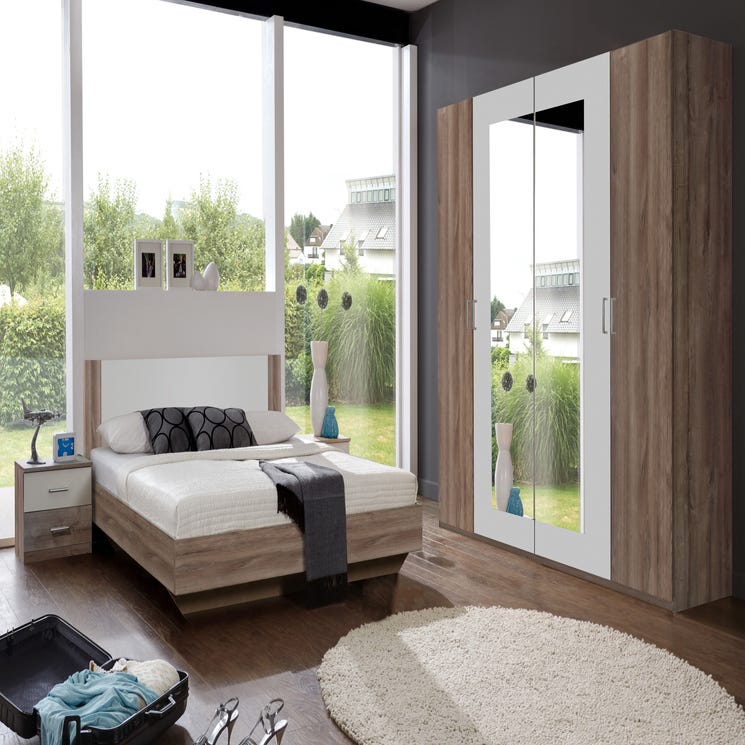 Chambre à coucher complète adulte (lit 160x200 cm + 2 chevets + armoire)  coloris chêne foncé / blanc