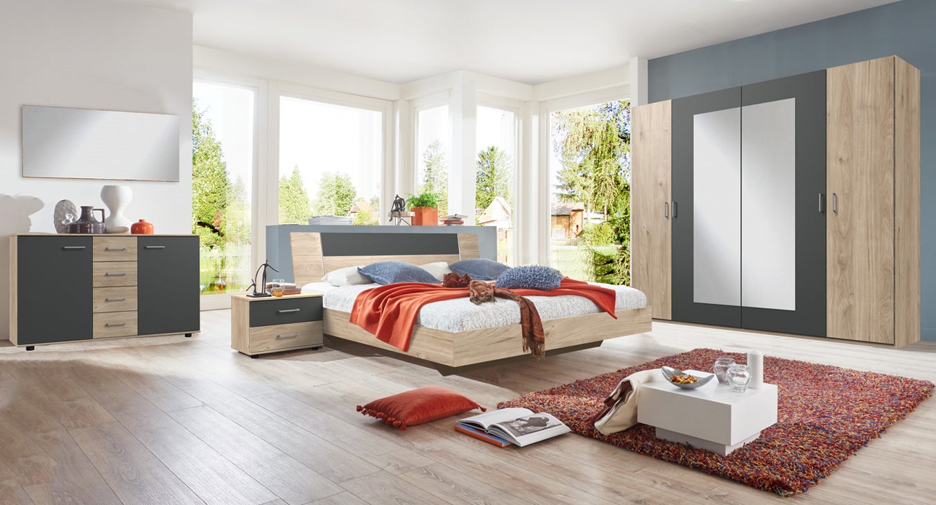 Chambre à coucher complète adulte (lit 180x200cm + 2 chevets + armoire)  coloris imitation chêne - Conforama