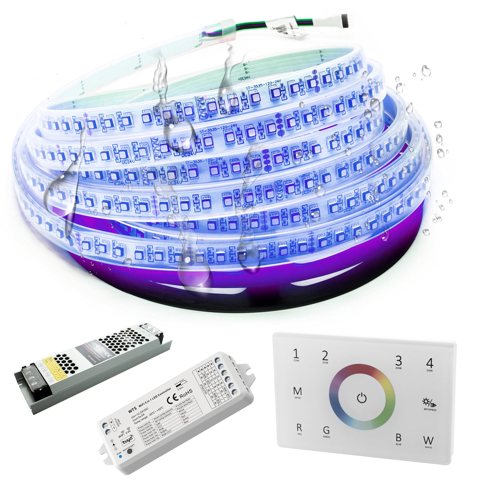 KIT striscia LED RGB 24V IP67 SMART WiFi cromoterapia pannello RF box  doccia bagno turco Google Alexa