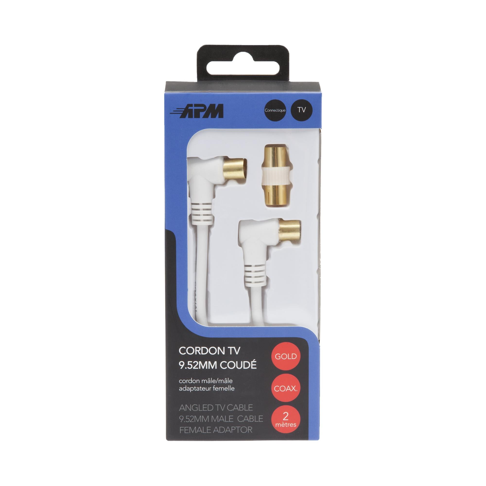 CORDON TV COUDE MÂLE/MÂLE 9,52MM BLANC 2M + ADAPTATEUR FEMELLE - 2