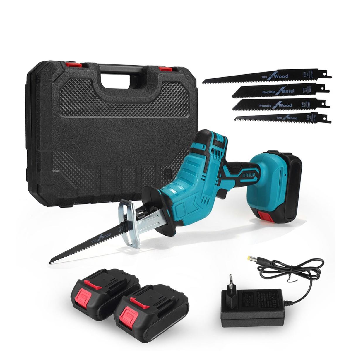 Scie Sabre Sans Fil 21V Puissante Avec 2 Batteries & Chargeur - Scie Alternative Portable 4 Lames Pour Bois, Métal, PVC