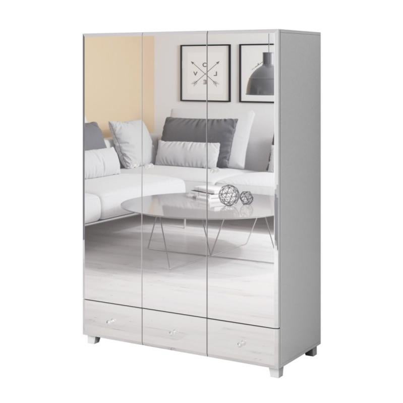 Armoire penderie corps blanc et façades recouverte de miroirs collection LUXOR. 3 portes et 3