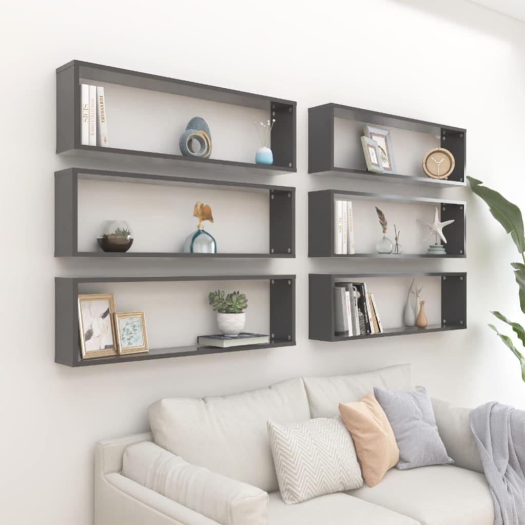 Set 6 Mensole A Cubo Design Moderno, Grigio Cemento 60x15x23 Cm - Scaffali A Parete In Truciolato Per Camerette E Soggiorno