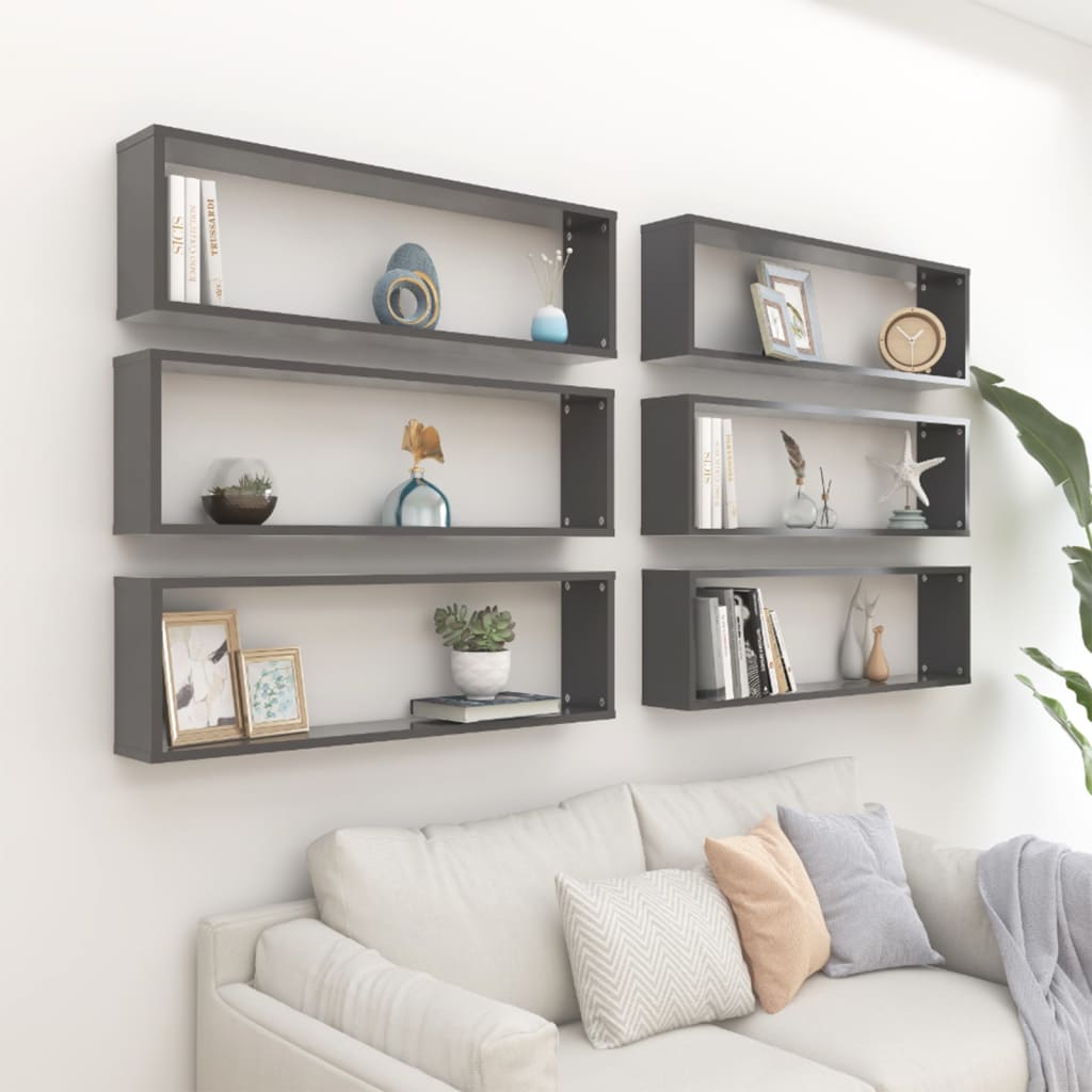 Set 6 Mensole A Cubo Design Moderno, Grigio Cemento 60x15x23 Cm - Scaffali A Parete In Truciolato Per Camerette E Soggiorno