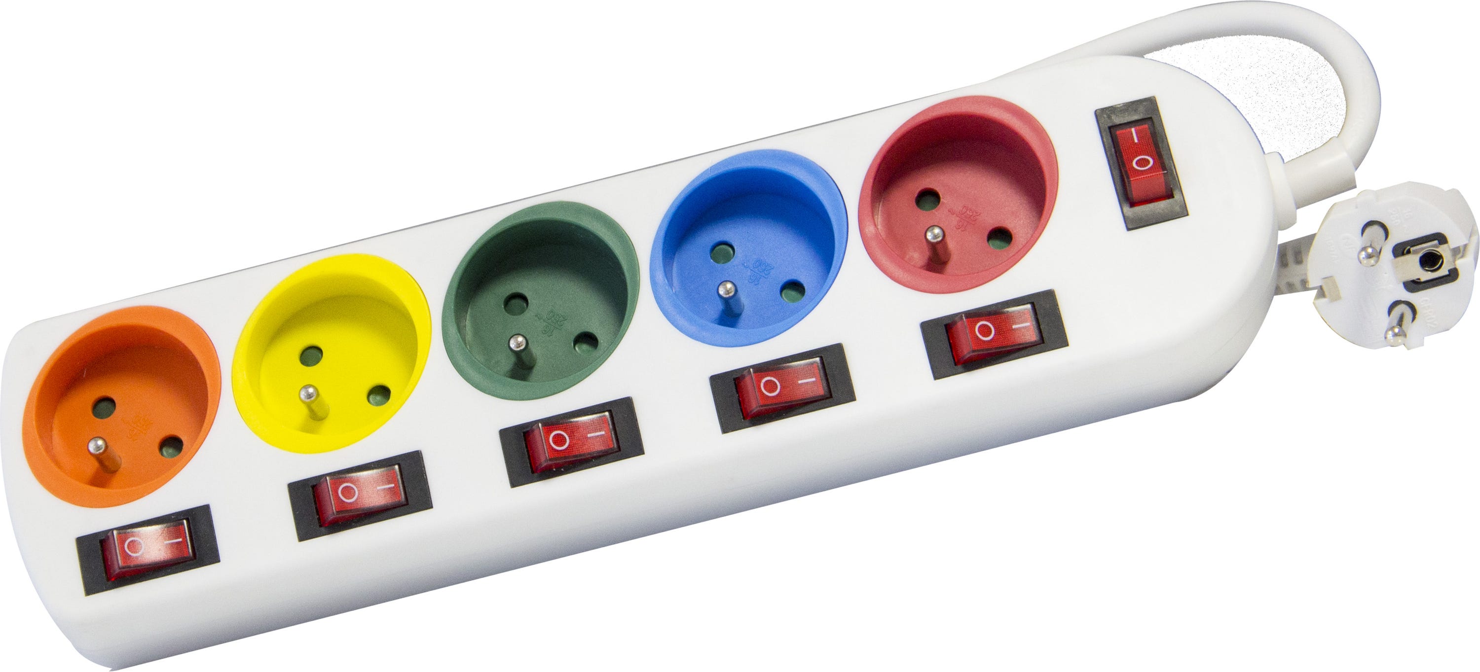 Bloc multiprise avec interrupteur et couleurs individuels 5 prises 2P+T  Cordon 3G1.5mm² - 1.5m