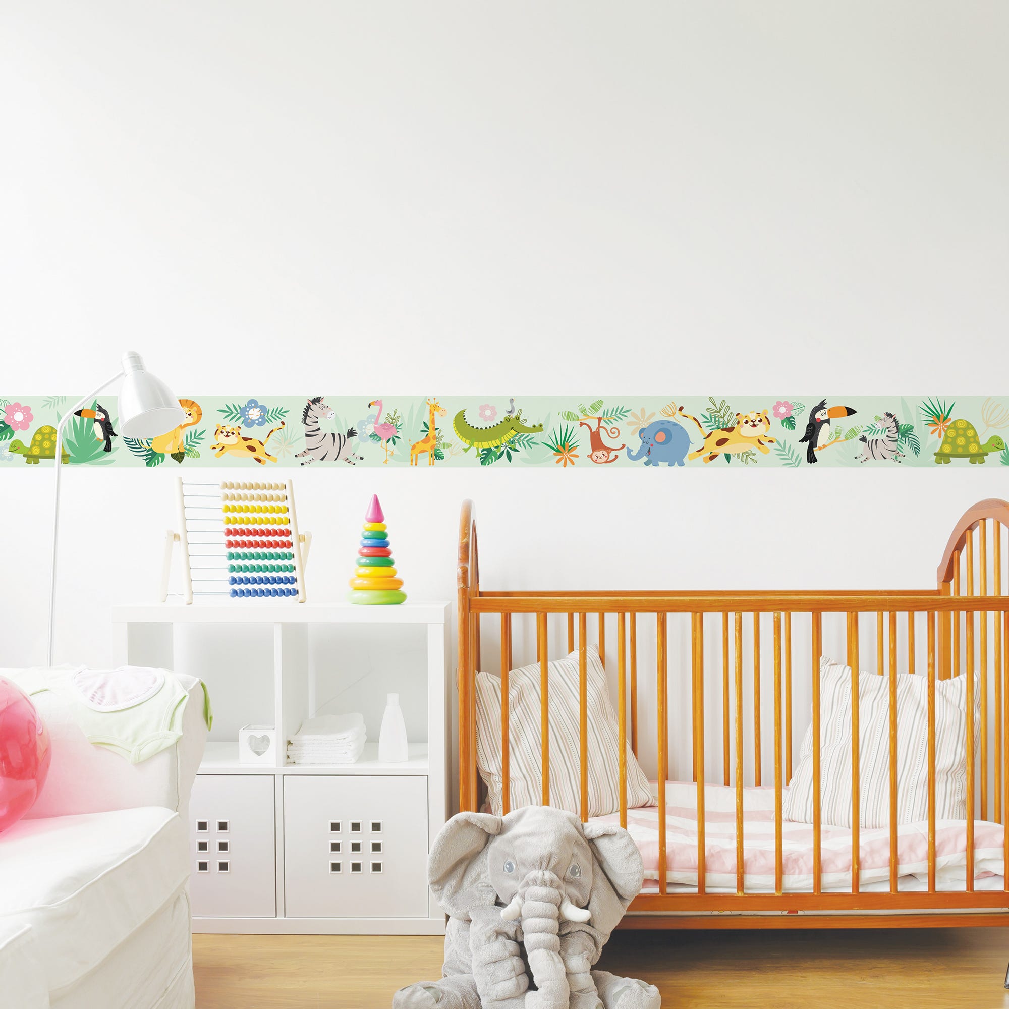 Frise murale pour enfant avec des éléphants, Frise murale pour décorer une  chambre de bébé, Frise papier peint grise