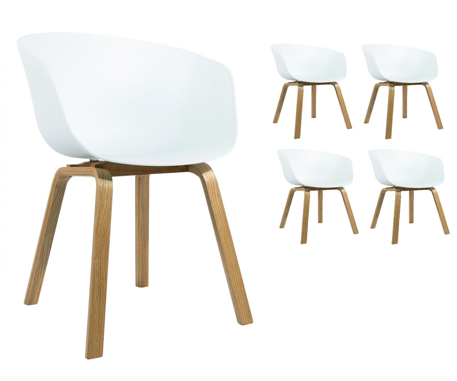 Set di 4 comodissime sedie scandinave con scocca in resina bianca rivestita  da un morbido tessuto blu e gambe in legno