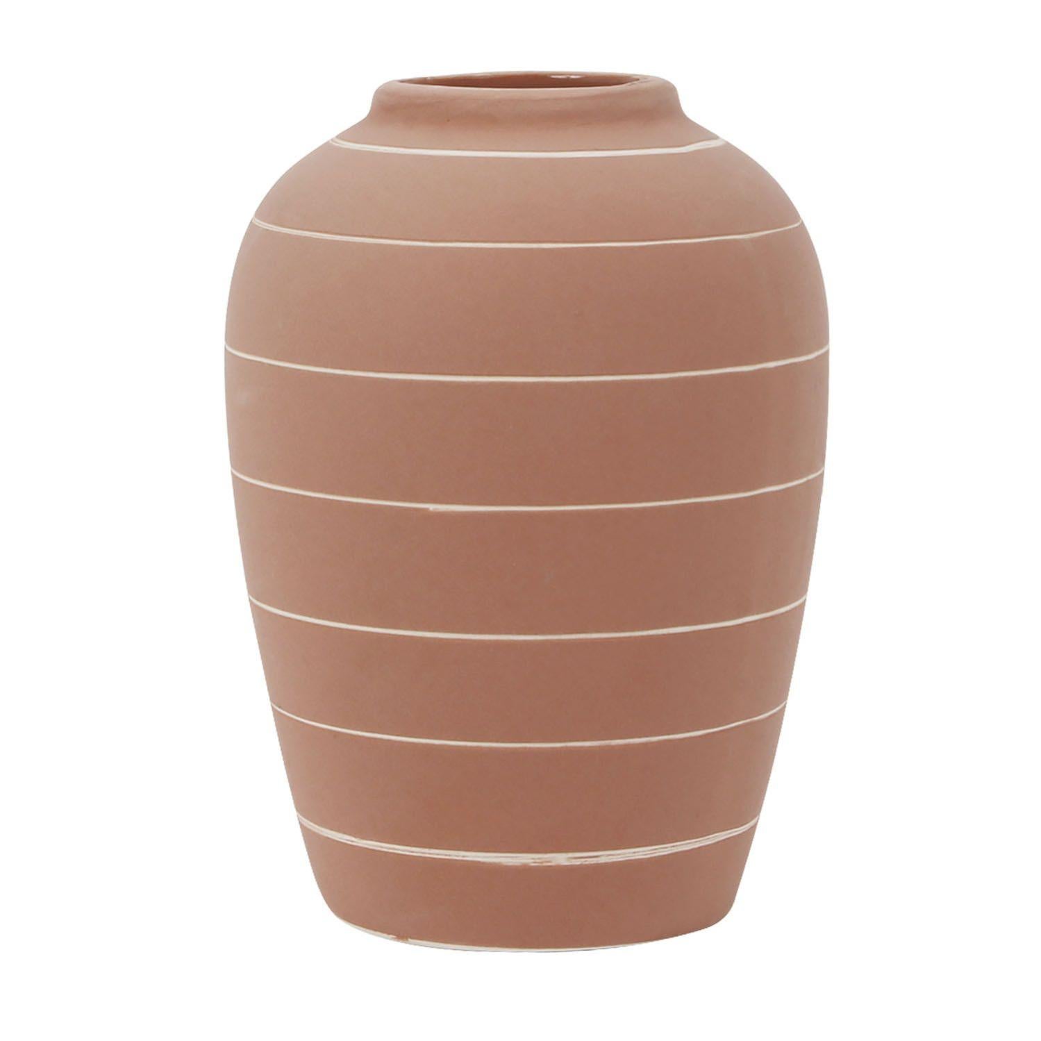 Vase Rond En Céramique Design Strié Home H. 19 Cm Marron Terracotta