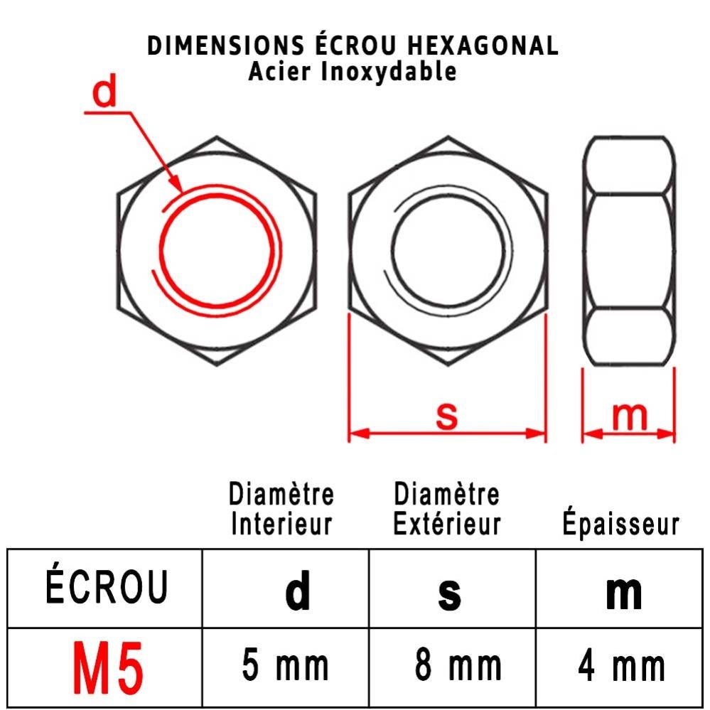 Ecrou Hexagonal M5 : Boite 30 Pcs en Acier Inoxydable | HU - DIN934 - Inox A2 | (Diam.int = 5mm x Diam.ext = 8mm) - 3
