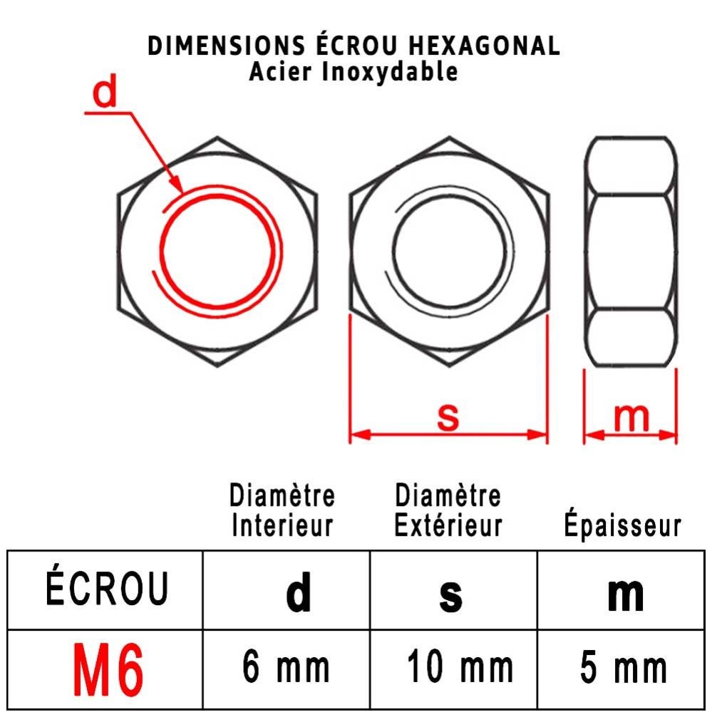 Ecrou Hexagonal M6 : Boite 30 Pcs en Acier Inoxydable | HU - DIN934 - Inox A2 | (Diam.int = 6mm x Diam.ext = 10mm) - 3
