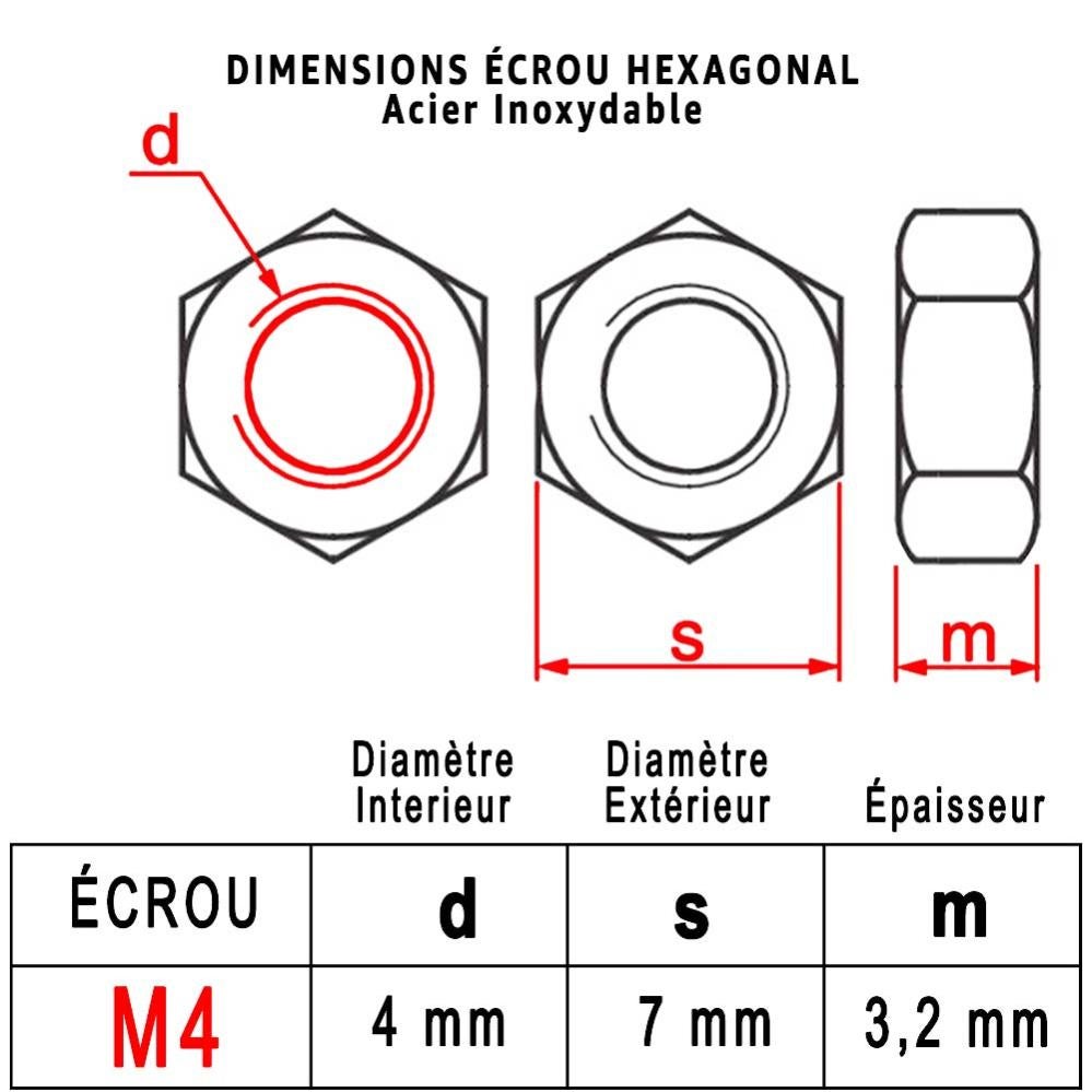 Ecrou Hexagonal M4 : Boite 50 Pcs en Acier Inoxydable | HU - DIN934 - Inox A2 | (Diam.int = 4mm x Diam.ext = 7mm) - 3