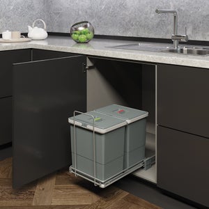 Meuble de cuisine Sous évier IVIA Gris, 2 portes lessiviel-poubelle  coulissante , L100 x H70 x P58 cm