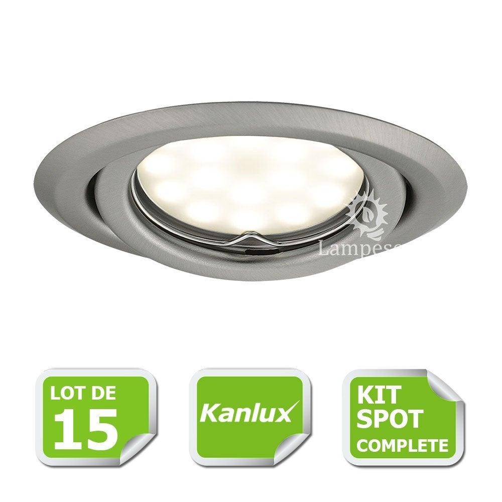 Kit complete de 15 Spots encastrable chrome mat orientable marque Kanlux  avec GU10 LED 5W blanc froid 6000K