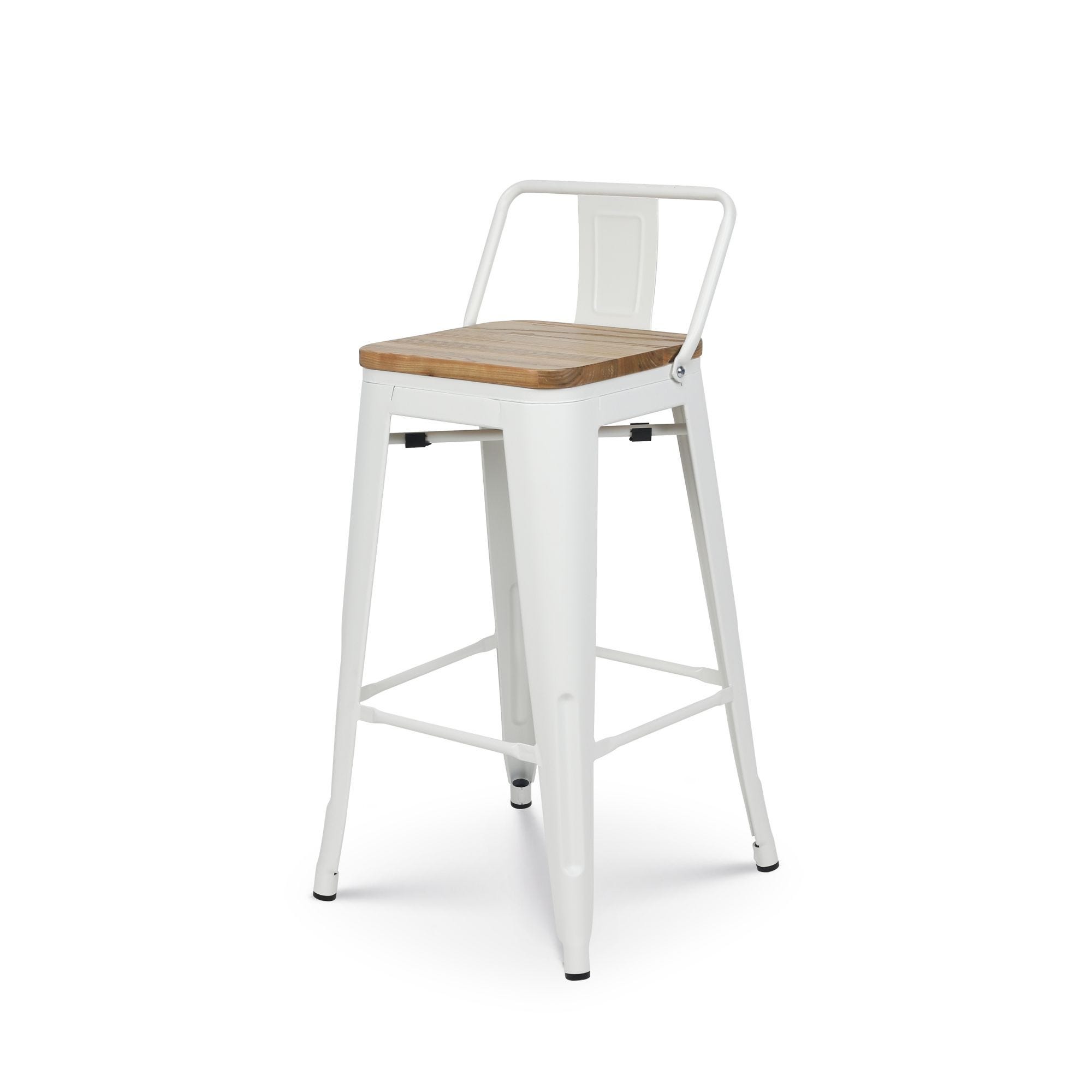 KOSMI - Sedia da bar, sgabello alto in stile industriale con piccolo  schienale in metallo bianco opaco e seduta in legno naturale chiaro