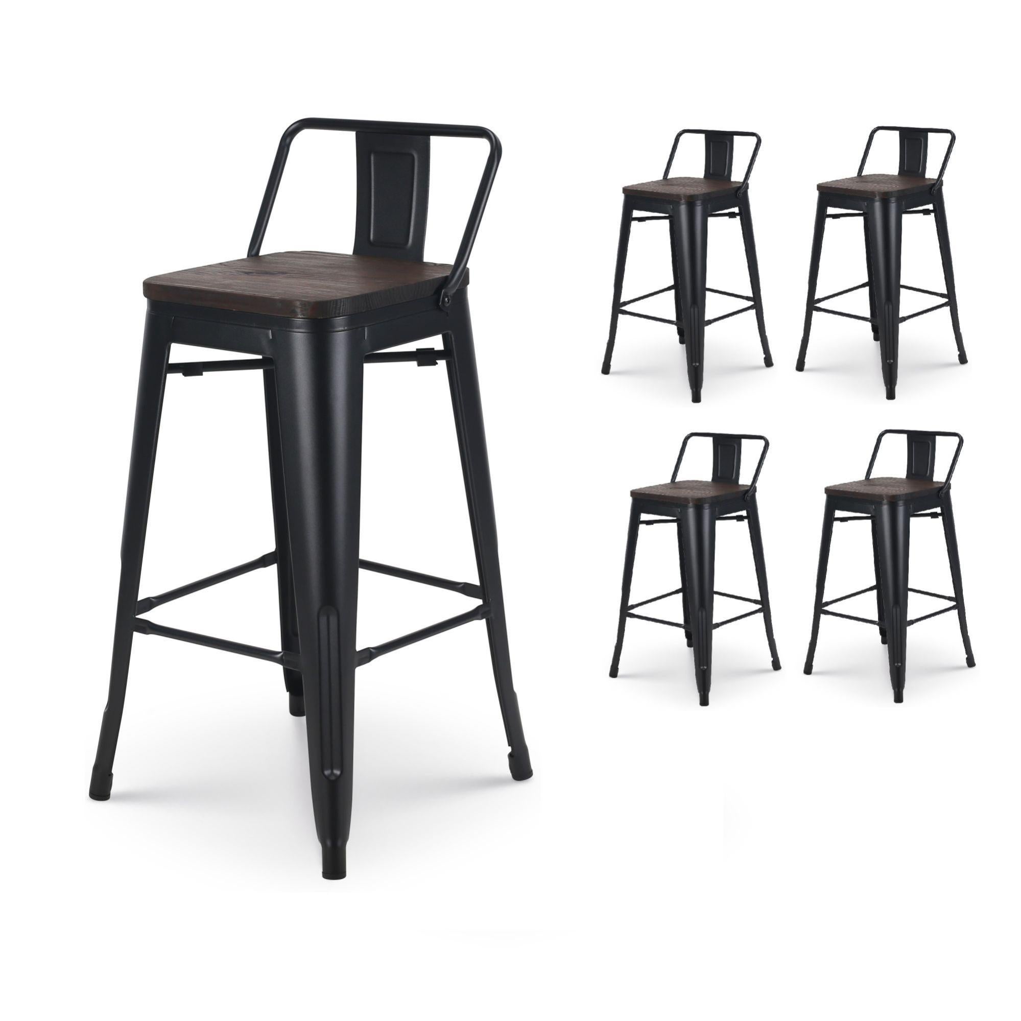 Taburete De Bar KOSMI | Metal Negro Mate | Con Respaldo | Estilo Industrial | Altura 66 Cm