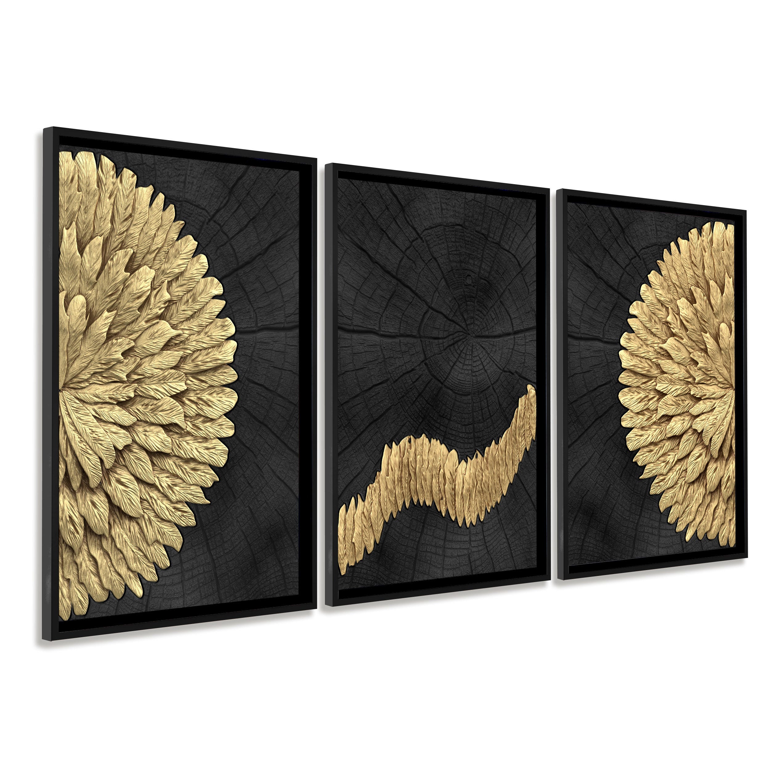 DekoArte - Cuadros decoracion salon modernos PLUMAS METALIZADO 50x70 cm x3  piezas - Cuadros con marco color negro incluido