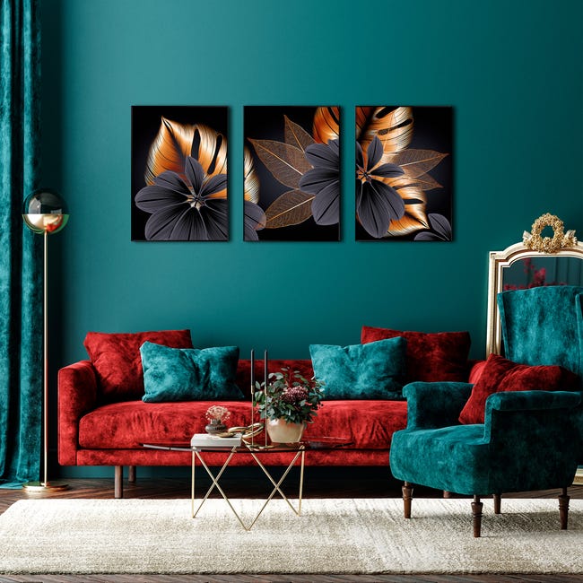 DekoArte - Tableau decoration murale salon STYLE FLOWERS 50x70 cm x3 pièces  - Tableaux avec cadre noir inclus