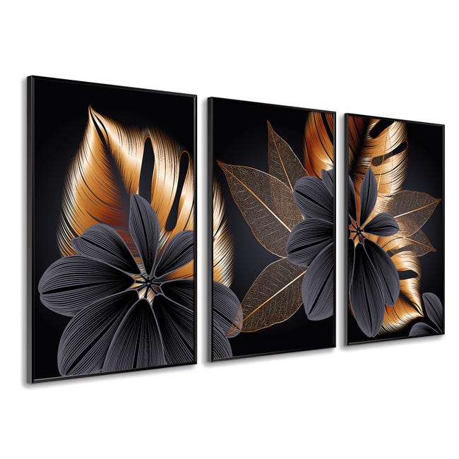 DekoArte Cuadros decoracion salon modernos ESTILO FLORES 50x70 cm x3 piezas - Cuadros con marco negro incluido Leroy Merlin
