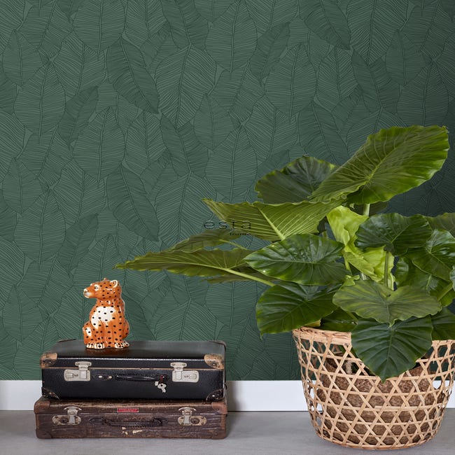 Carta da parati piante con grandi foglie verdi, sfondo tortora beige