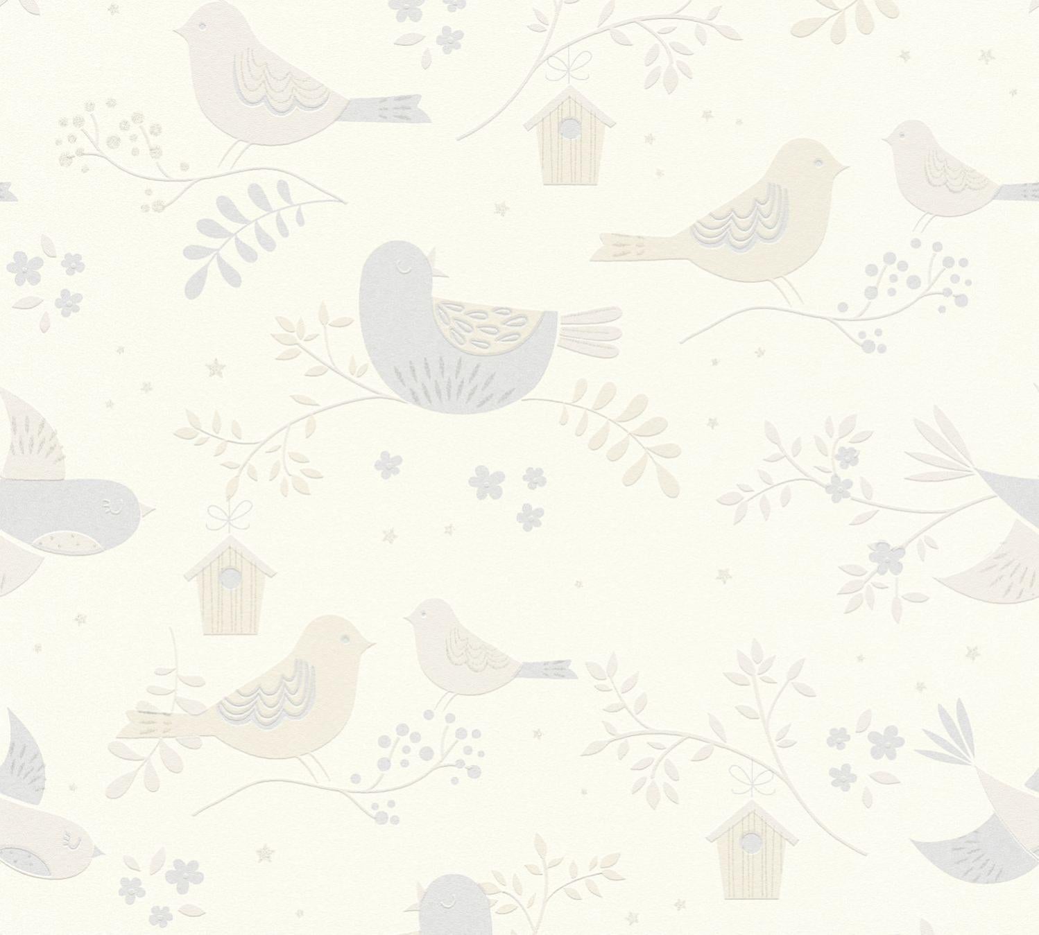 Carta da parati uccelli beige e grigio - 53 cm x 10,05 m - A.S
