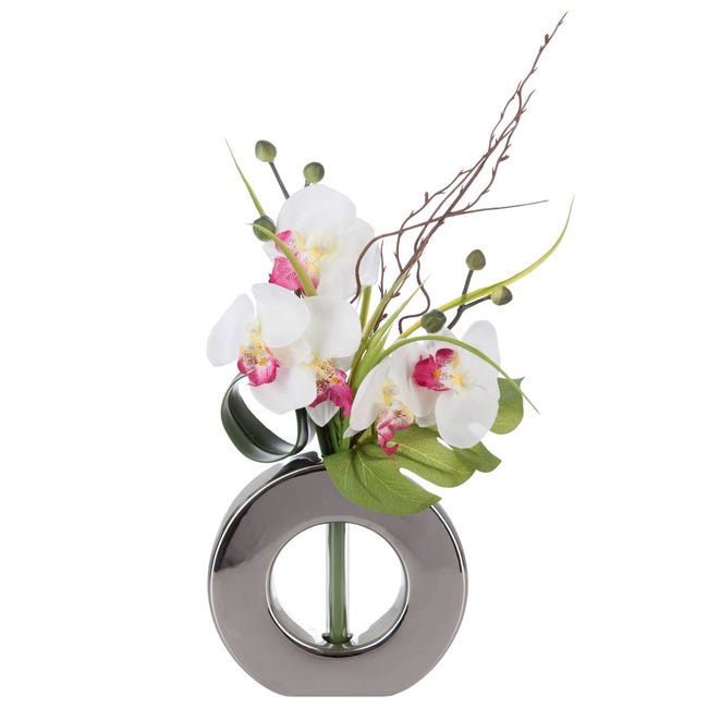 Composition florale d'Orchidées artificielles Vase Argent en Céramique H 45  cm