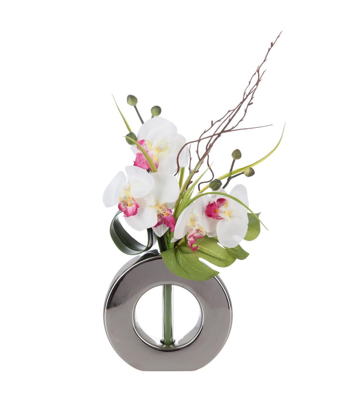 Composition florale d'orchidées artificielles vase en céramique d. 47 x h.  56 cm