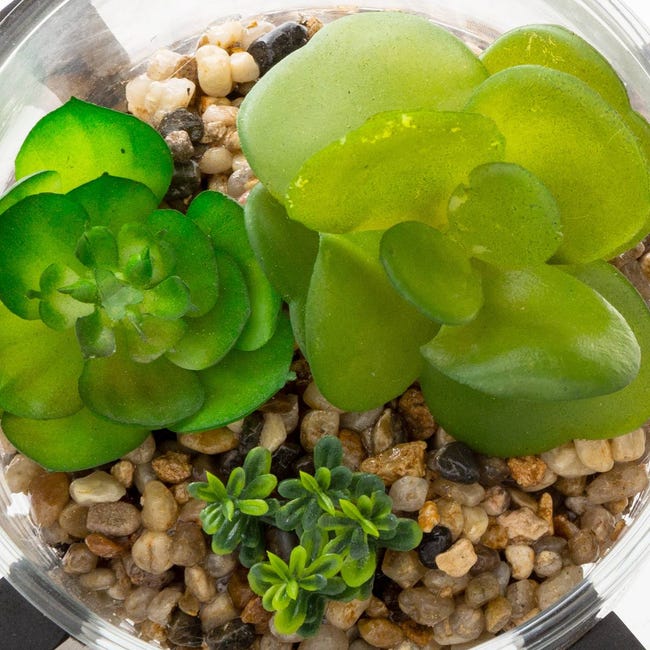 Plante artificielle Pot en verre sur support en bois H 12 cm