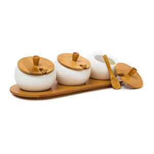 Relaxdays Portaspezie con Coperchio Magnetico e Cucchiaino, 2 Scomparti per  Spezie, HxD: 6,5x12,5 cm, Bambù, Naturale