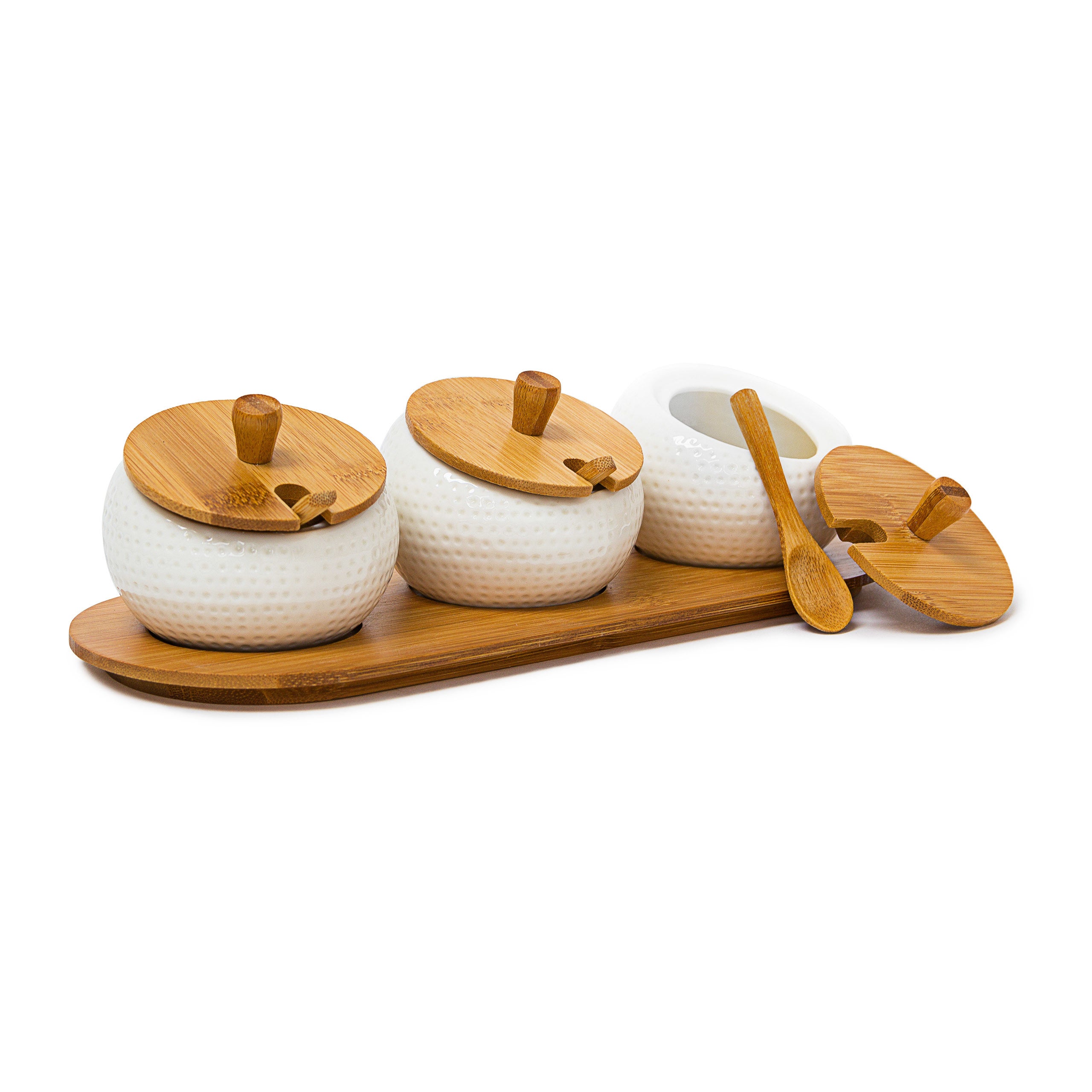 Barattolo per Condimenti Rotondo Multifunzionale per la Casa 250 g/Bianco Xingsiyue Barattoli Portaspezie in Ceramica Zuccheriere con Coperchi e Cucchiai in bambù 
