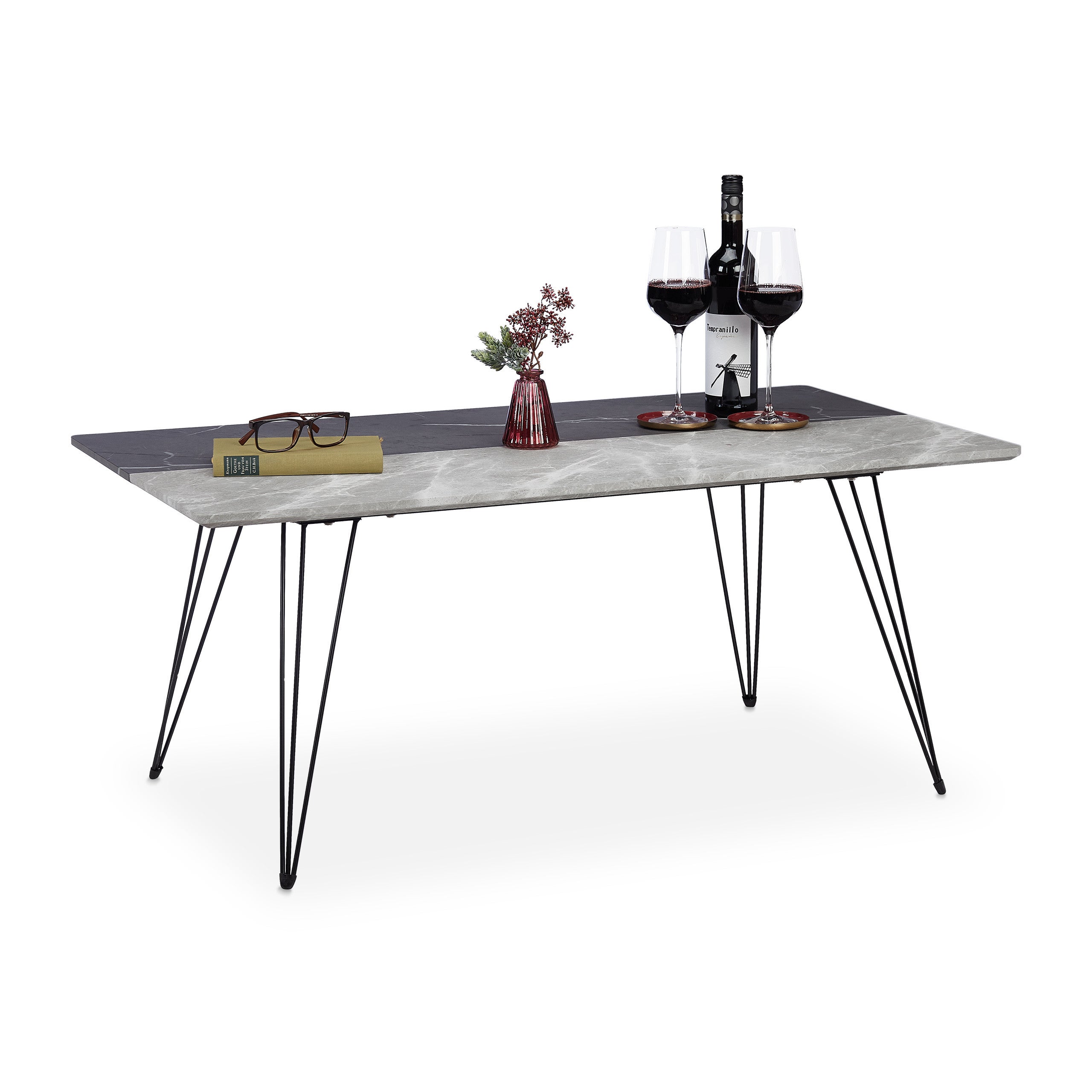 Relaxdays Table basse en aspect marbre, design bicolore, meuble d’appoint, pieds en métal, HLP 47x110x60,5 cm, noir/gris | Leroy Merlin