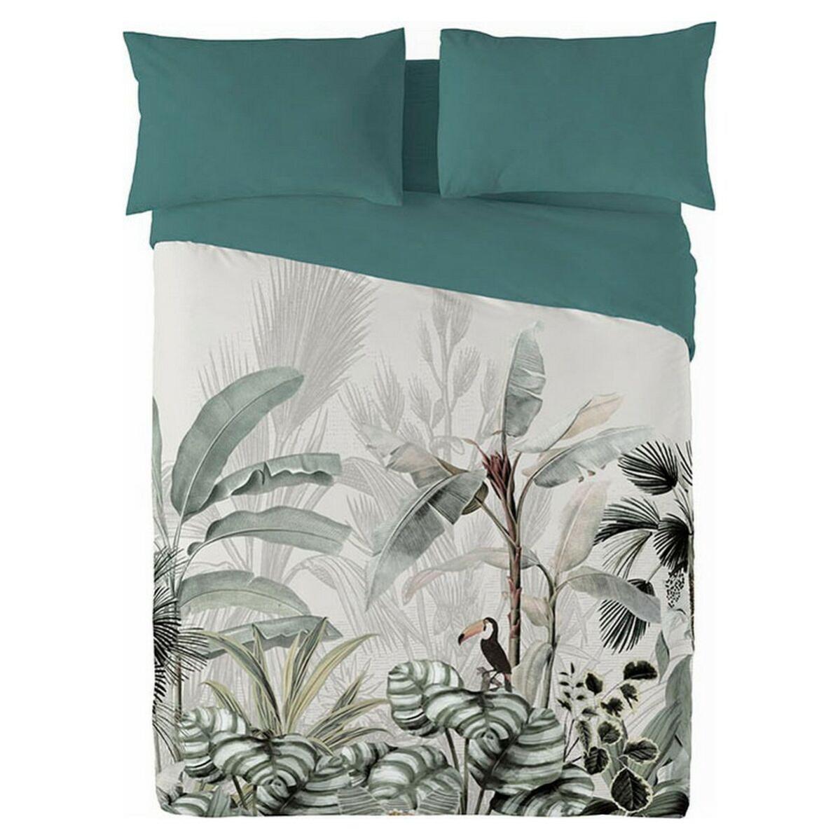 COTTON ARTean Copripiumino per letto da 150 cotone, 144 fili, bianco e verde, copripiumino 240 x 220 + 2 federe con chiusura con bottoni