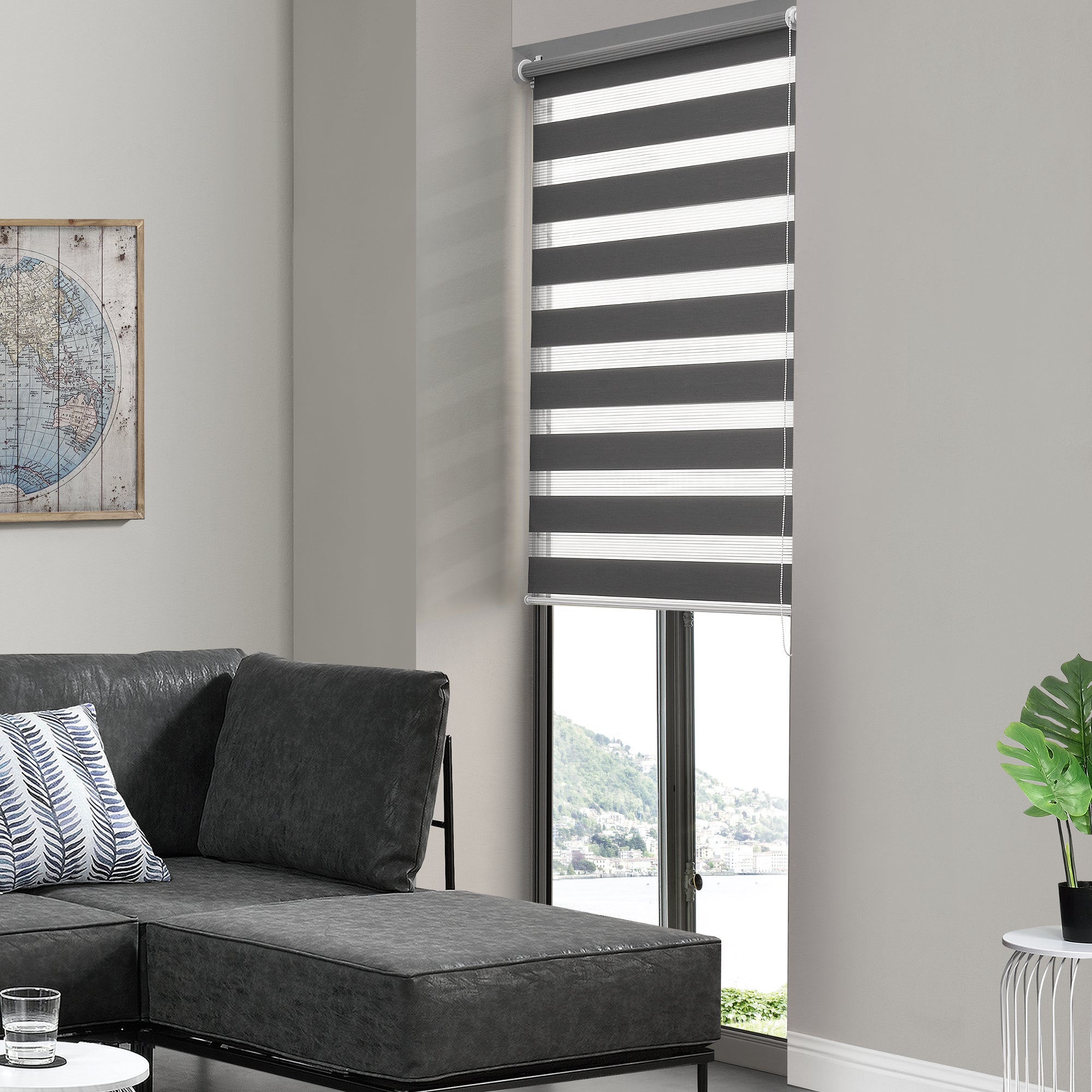 Persiana enrollable cebra windau no necesita taladrar poliéster/plástico 90 x 220 cm gris oscuro [en.casa]