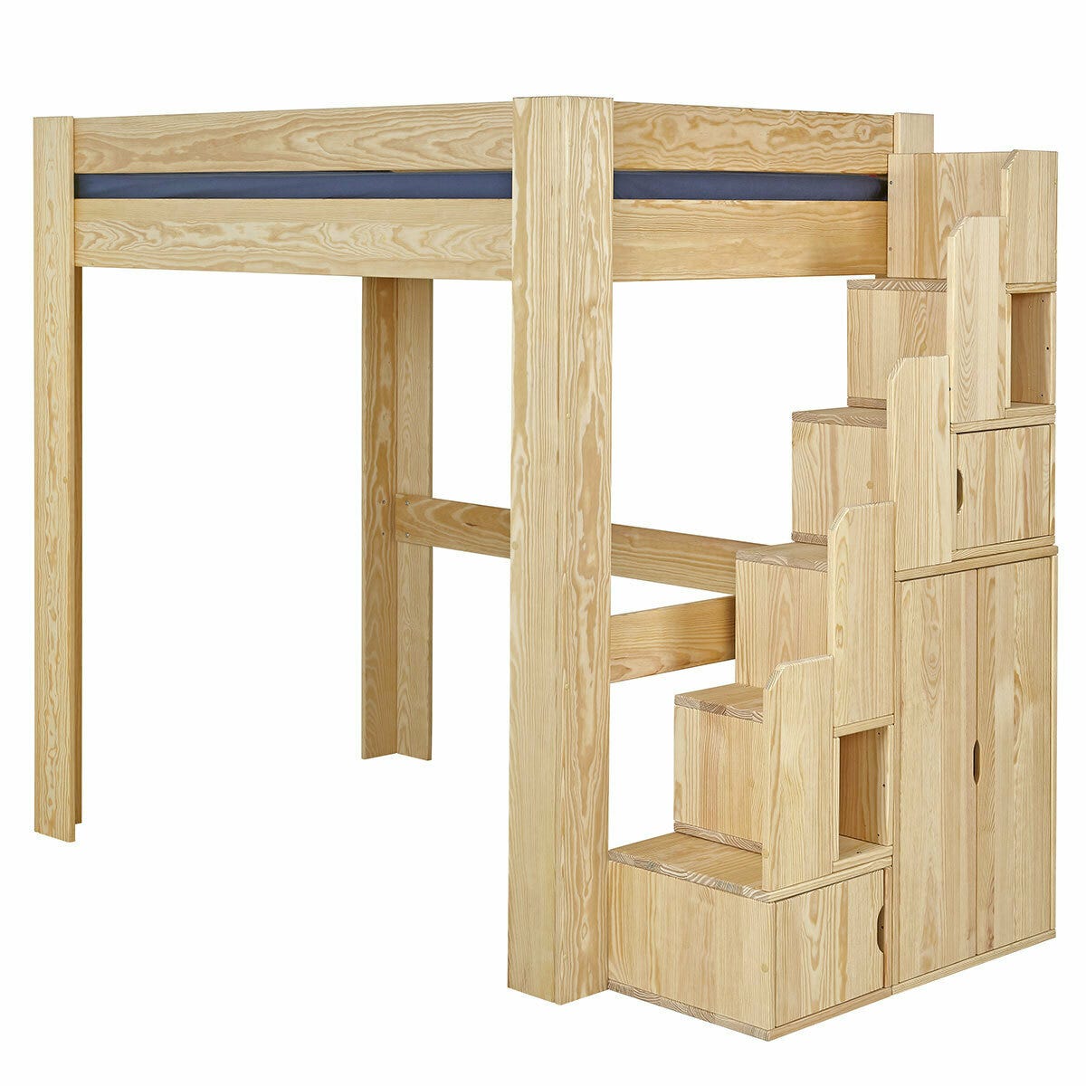 Lit mezzanine 2 places avec escalier et bureau, en bois massif