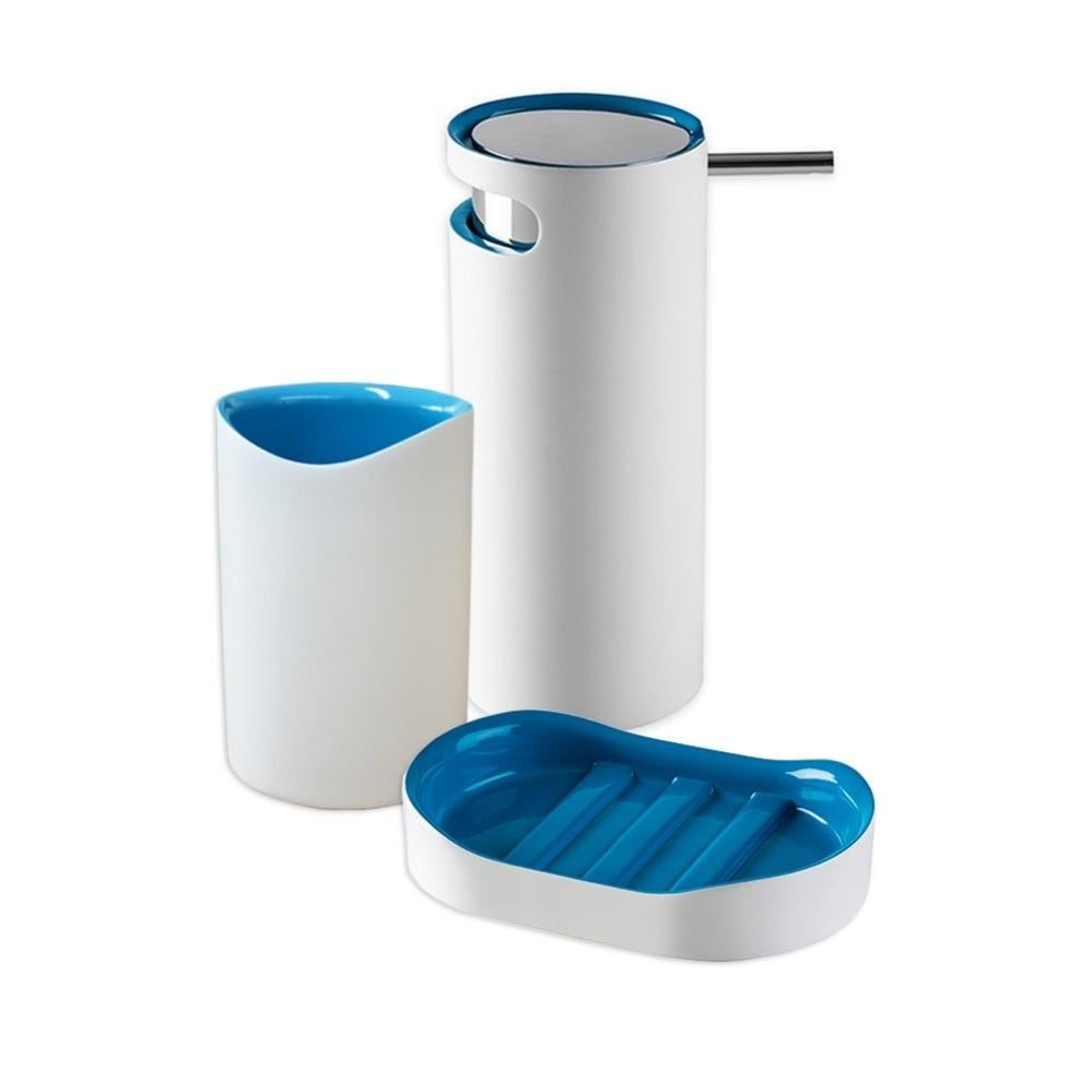 Set Bagno 3 Pezzi URBNLIVING In Ceramica Opaca Soft-Touch - Scopino WC, Dispenser Sapone E Bicchiere Porta Spazzolino, Colore Blu.