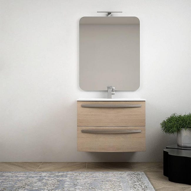 Mobile Bagno Sospeso Kiamami Valentina - Con Lavabo E Specchio, Finitura Rovere, Serie Sole - Foto 9