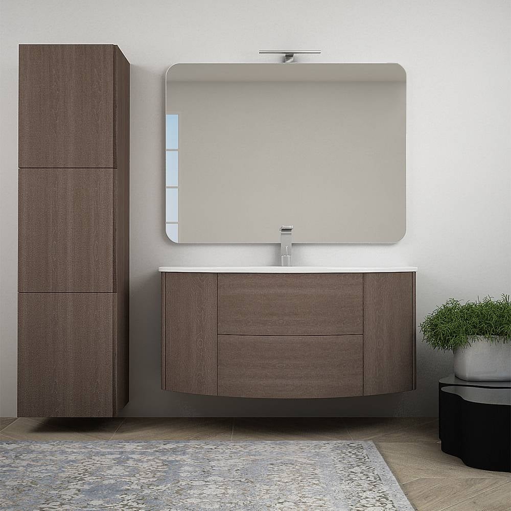 Mobile Bagno Rovere Scuro Sospeso Cm Con Colonna Cm Specchio Lampada Led E Cassettoni